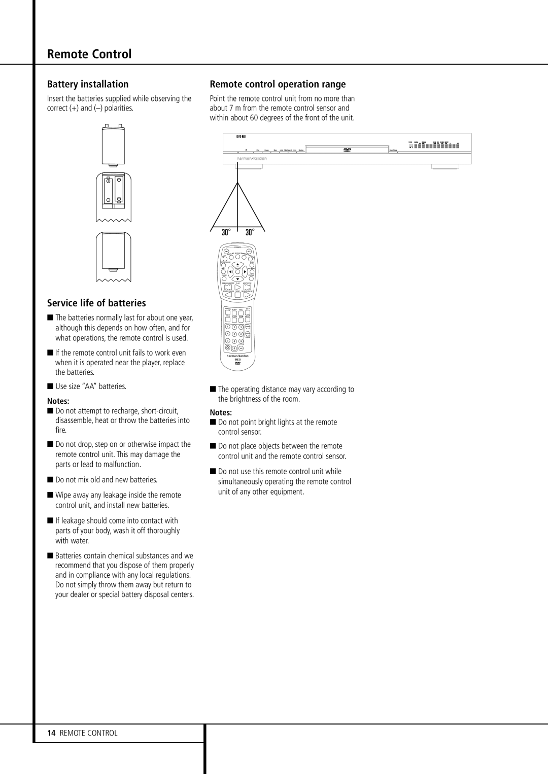 Harman-Kardon DVD 23 Remote Control, Battery installation, Service life of batteries, Remote control operation range 