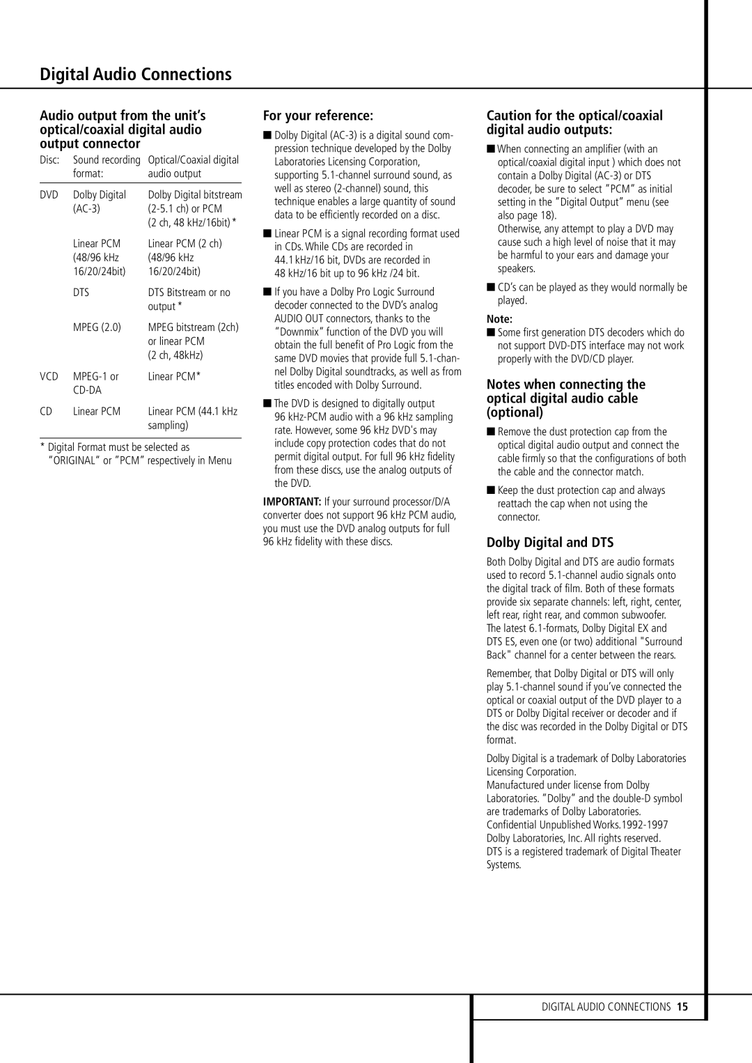 Harman-Kardon DVD 23 owner manual For your reference, Dolby Digital and DTS 