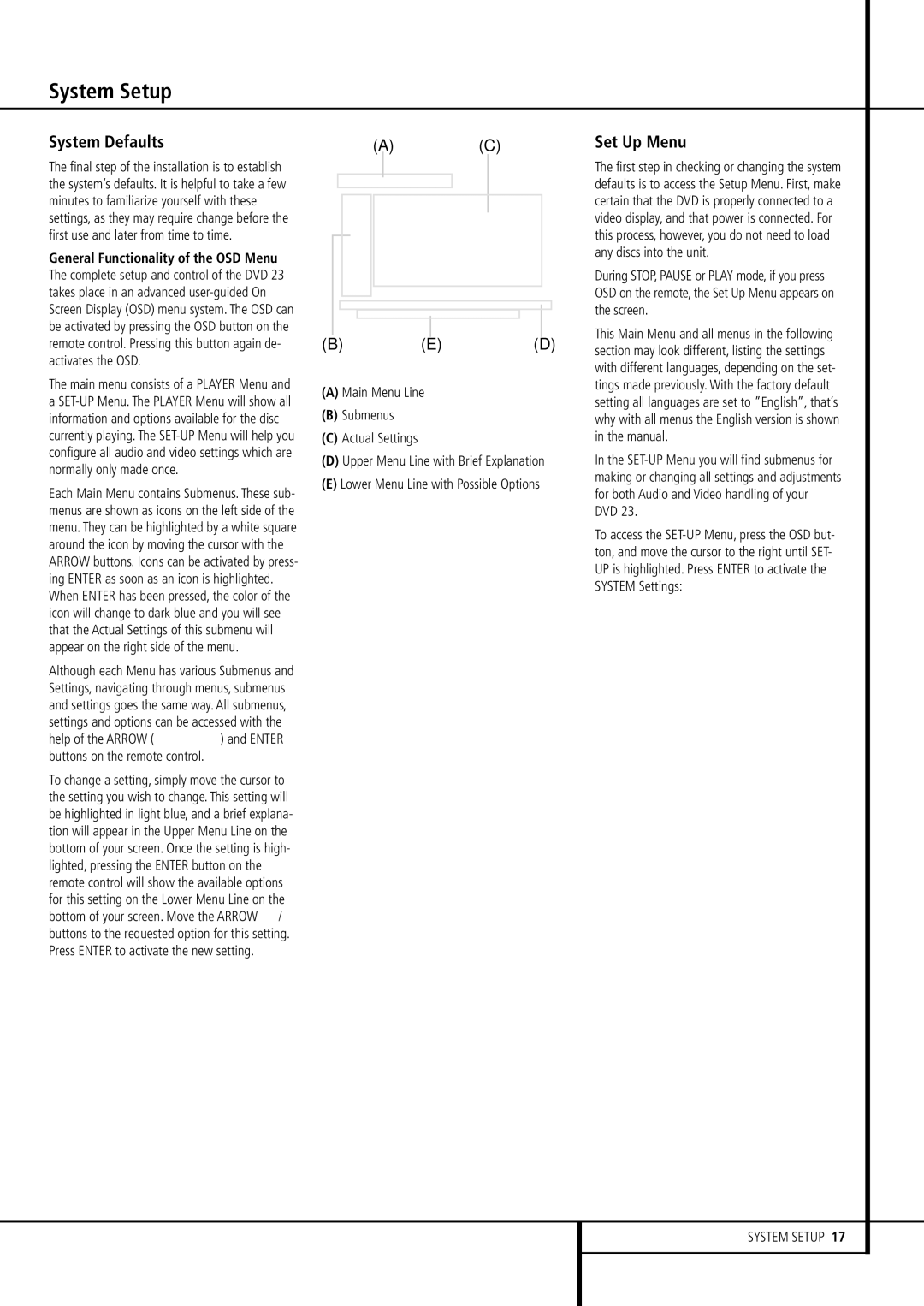 Harman-Kardon DVD 23 owner manual System Setup, System Defaults, Set Up Menu 