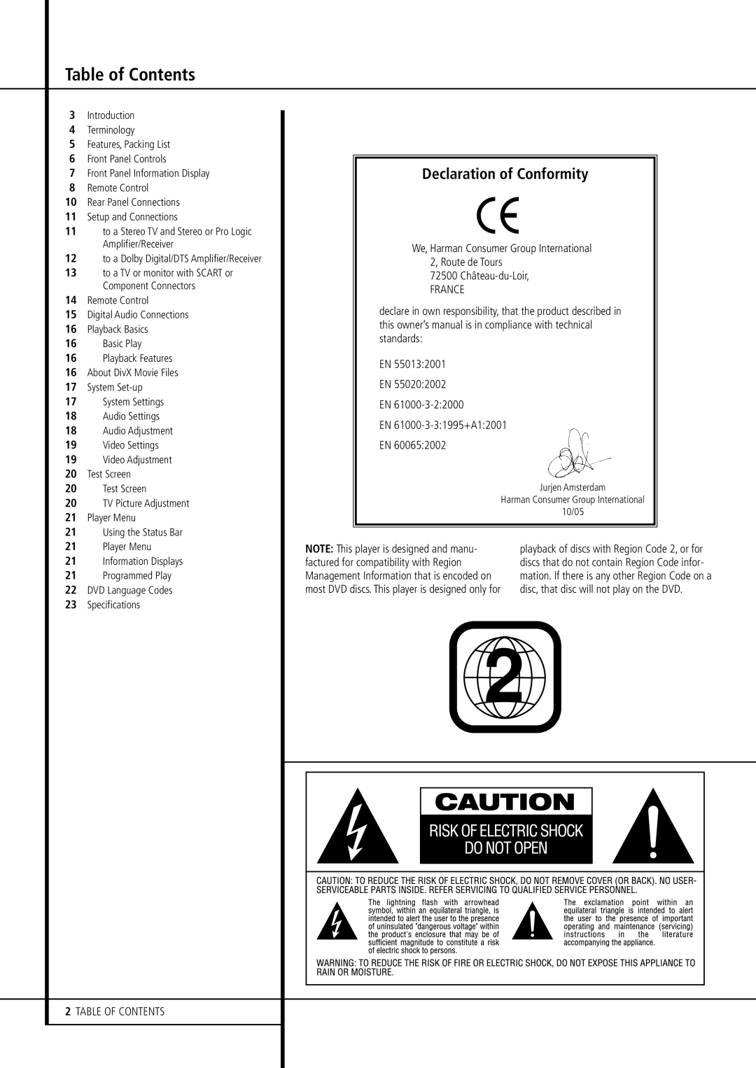 Harman-Kardon DVD 23 owner manual Table of Contents 