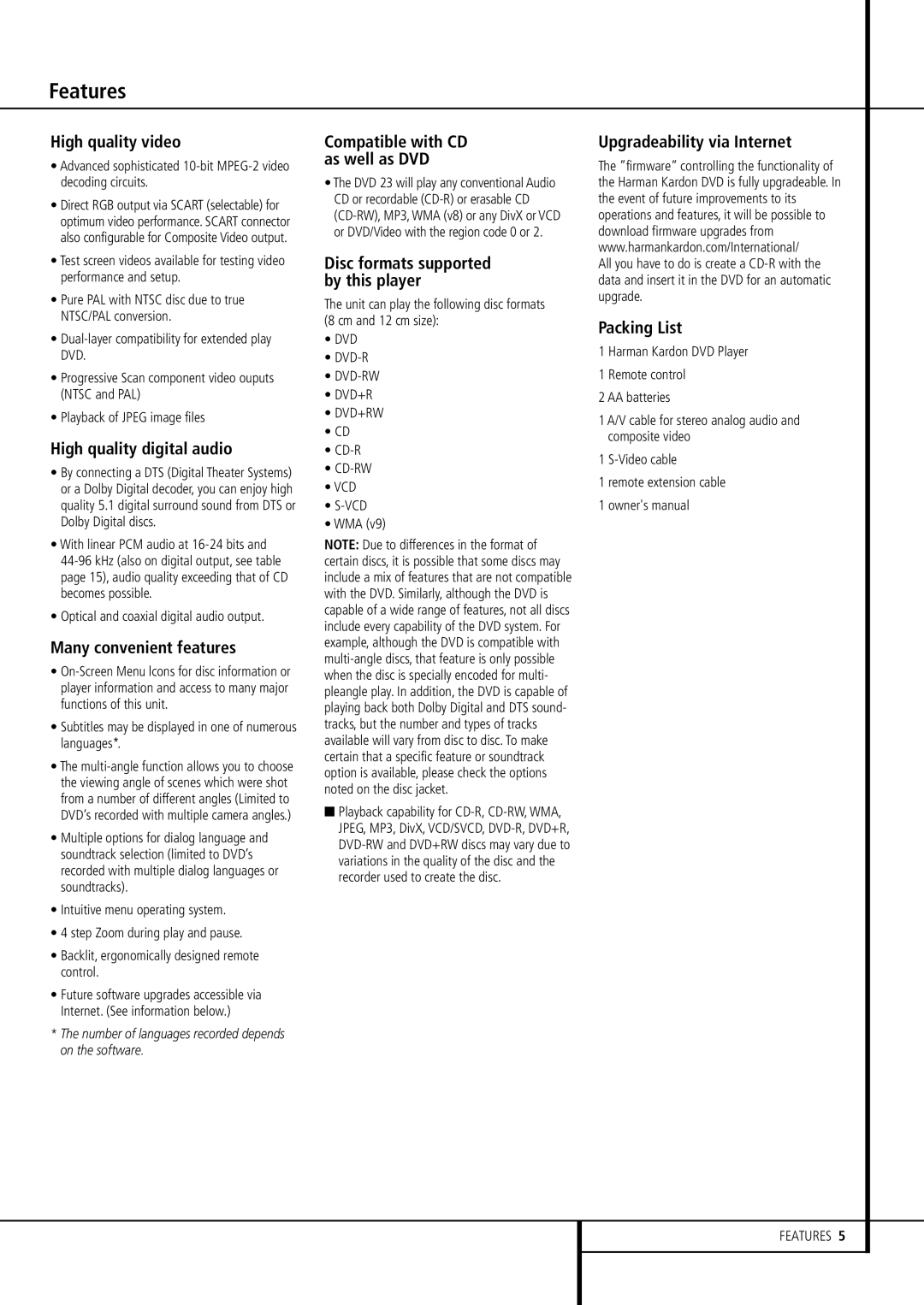 Harman-Kardon DVD 23 owner manual Features 