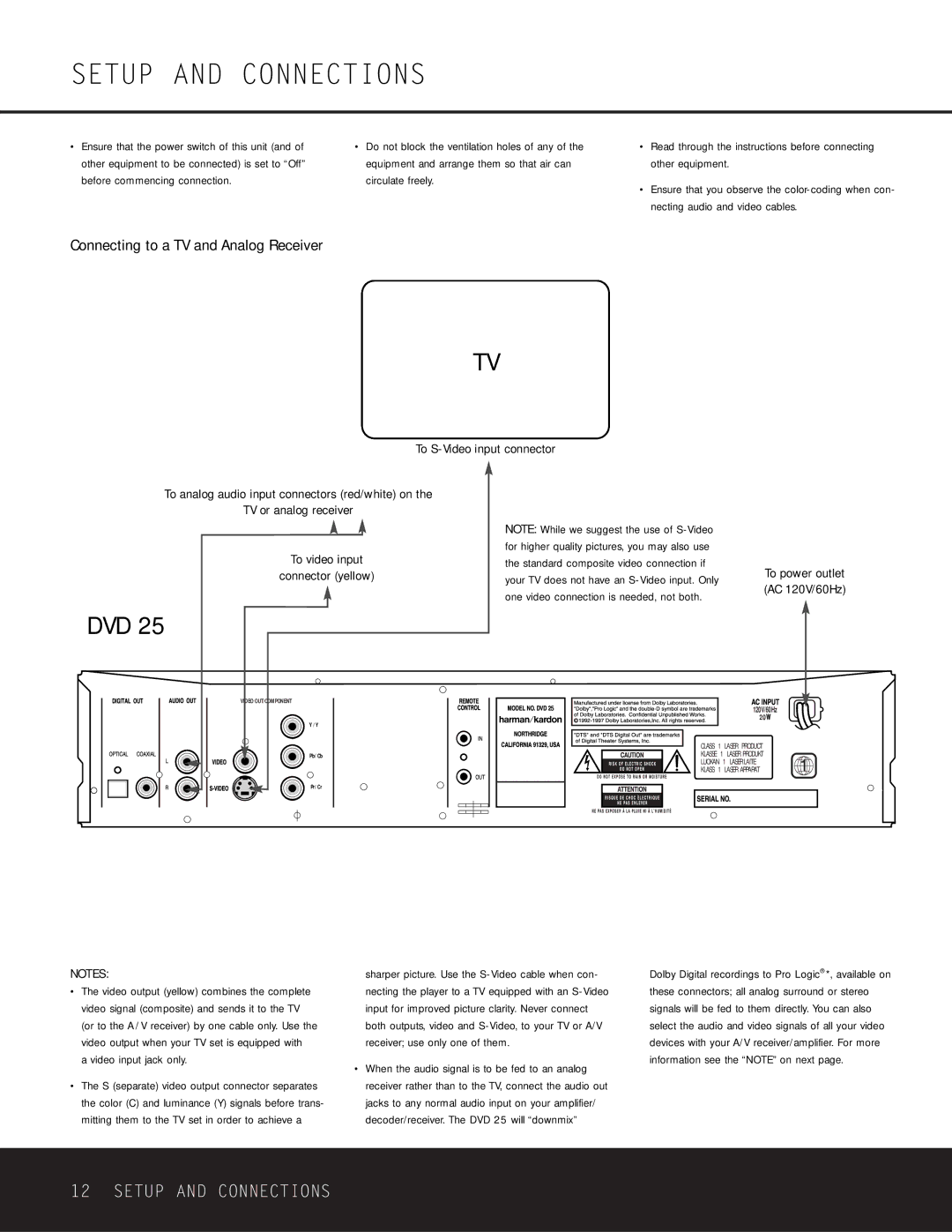 Harman-Kardon DVD 25 owner manual Setup and Connections, Connecting to a TV and Analog Receiver, To S-Video input connector 