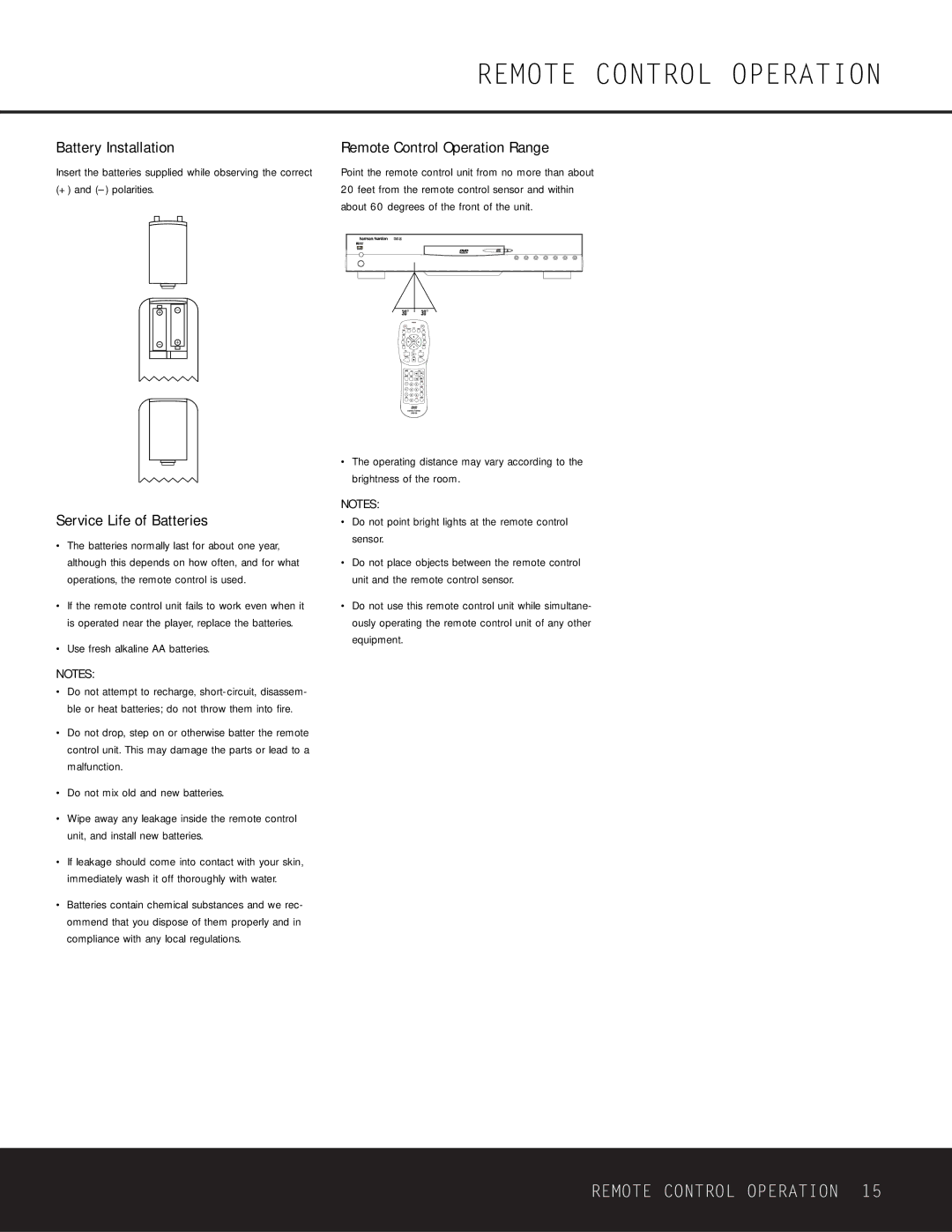 Harman-Kardon DVD 25 owner manual Remote Control Operation, Battery Installation, Service Life of Batteries 