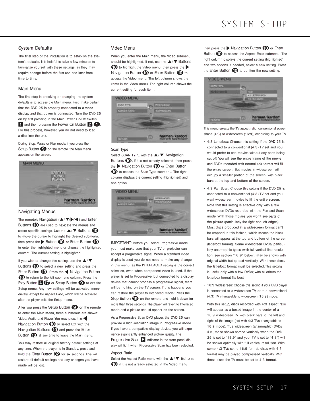 Harman-Kardon DVD 25 owner manual System Setup, System Defaults, Main Menu, Video Menu, Navigating Menus 