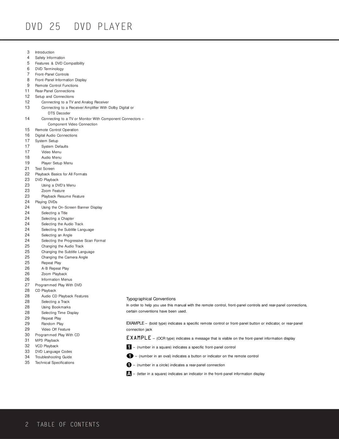 Harman-Kardon owner manual DVD 25 DVD Player, Table of Contents 