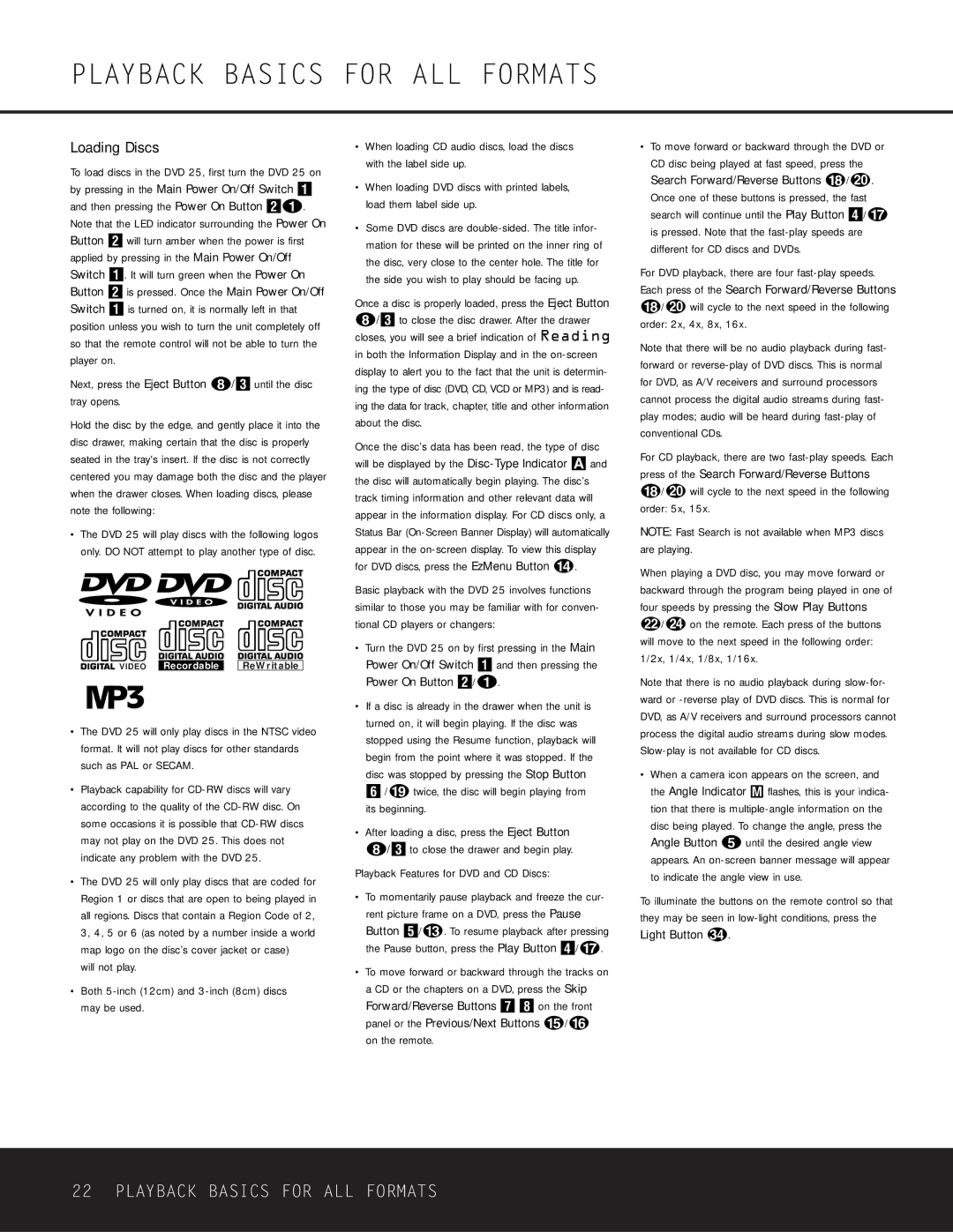 Harman-Kardon DVD 25 Playback Basics for ALL Formats, Loading Discs, Playback Features for DVD and CD Discs, Light Button 