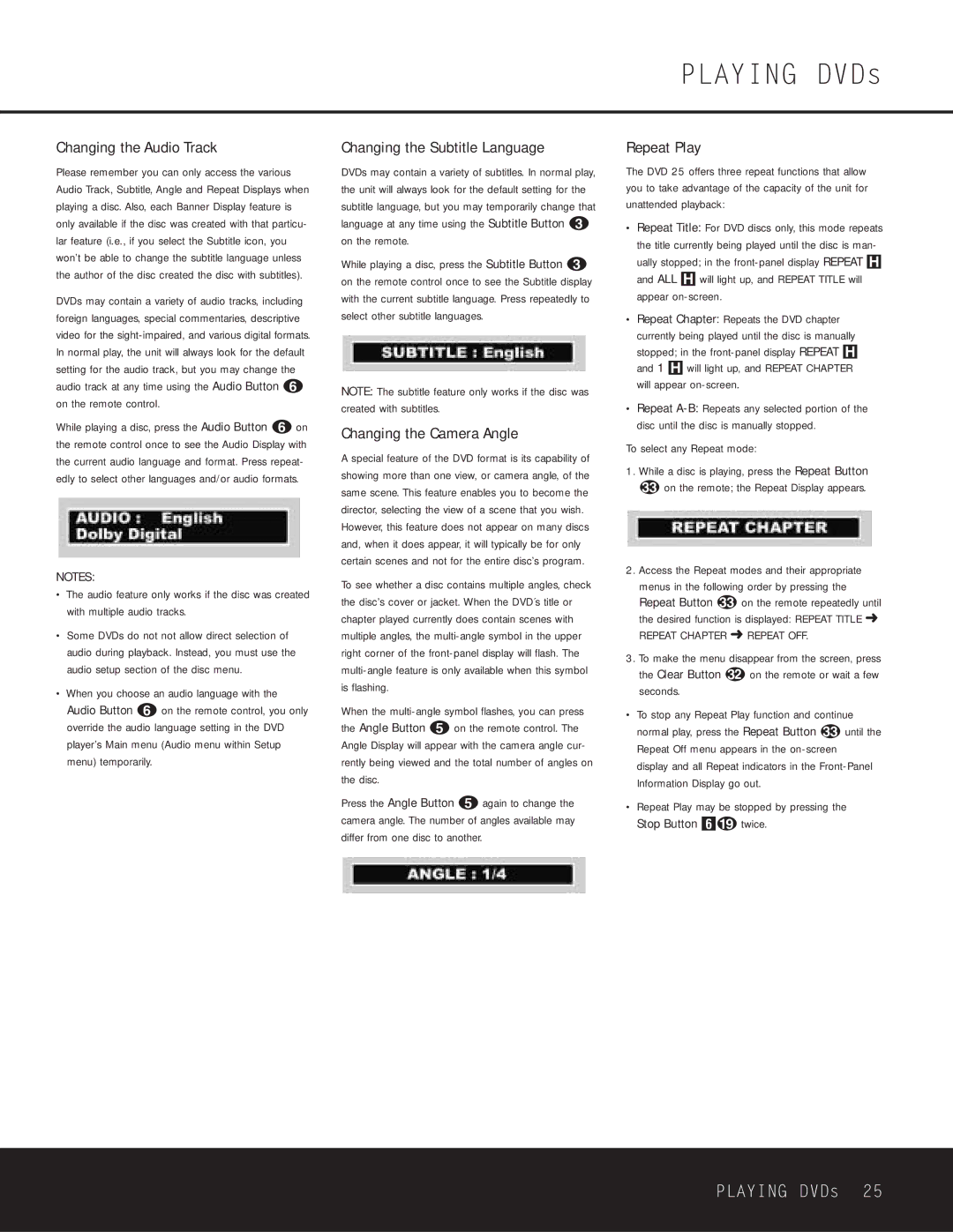 Harman-Kardon DVD 25 Changing the Audio Track, Changing the Subtitle Language, Changing the Camera Angle, Repeat Play 