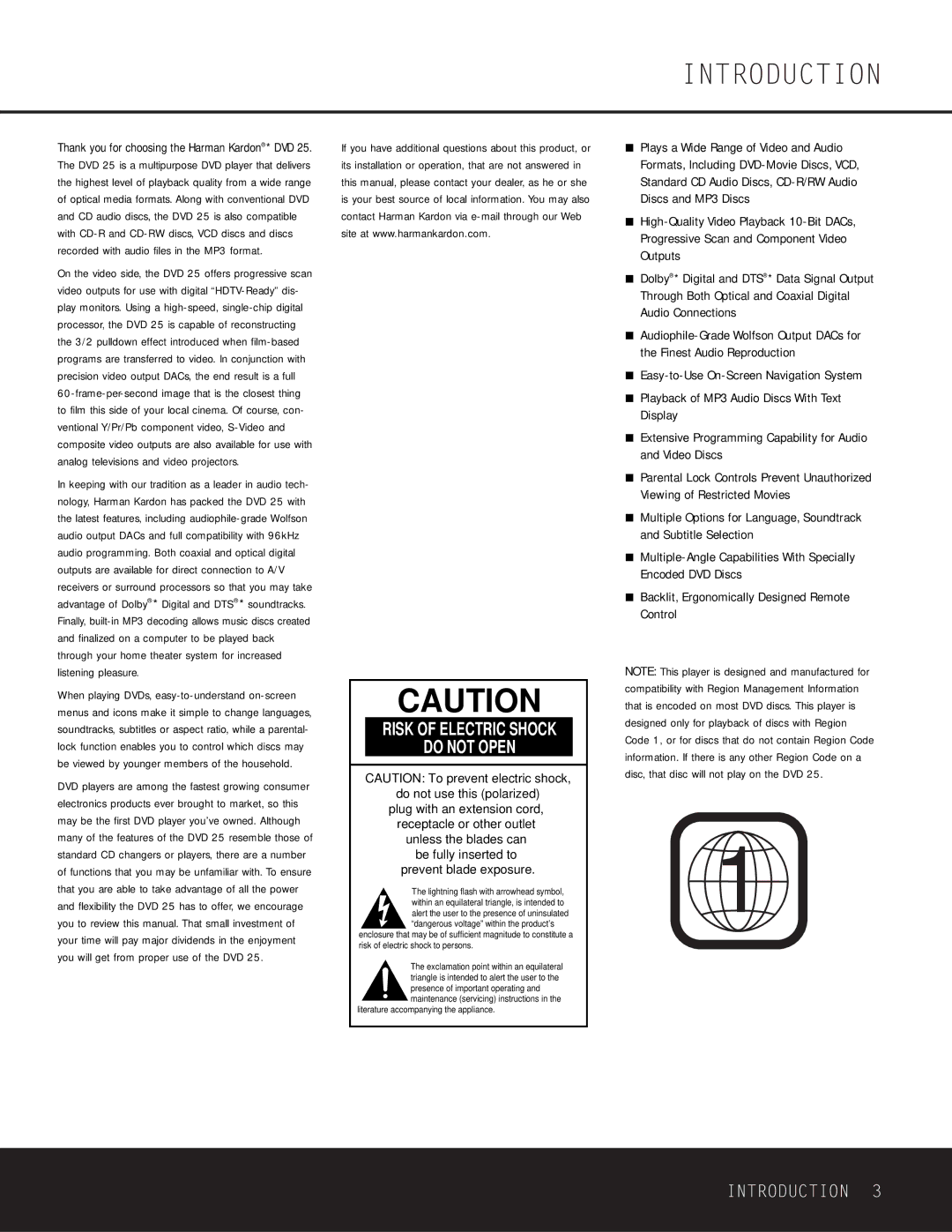 Harman-Kardon DVD 25 owner manual Introduction, Risk of Electric Shock Do not Open 