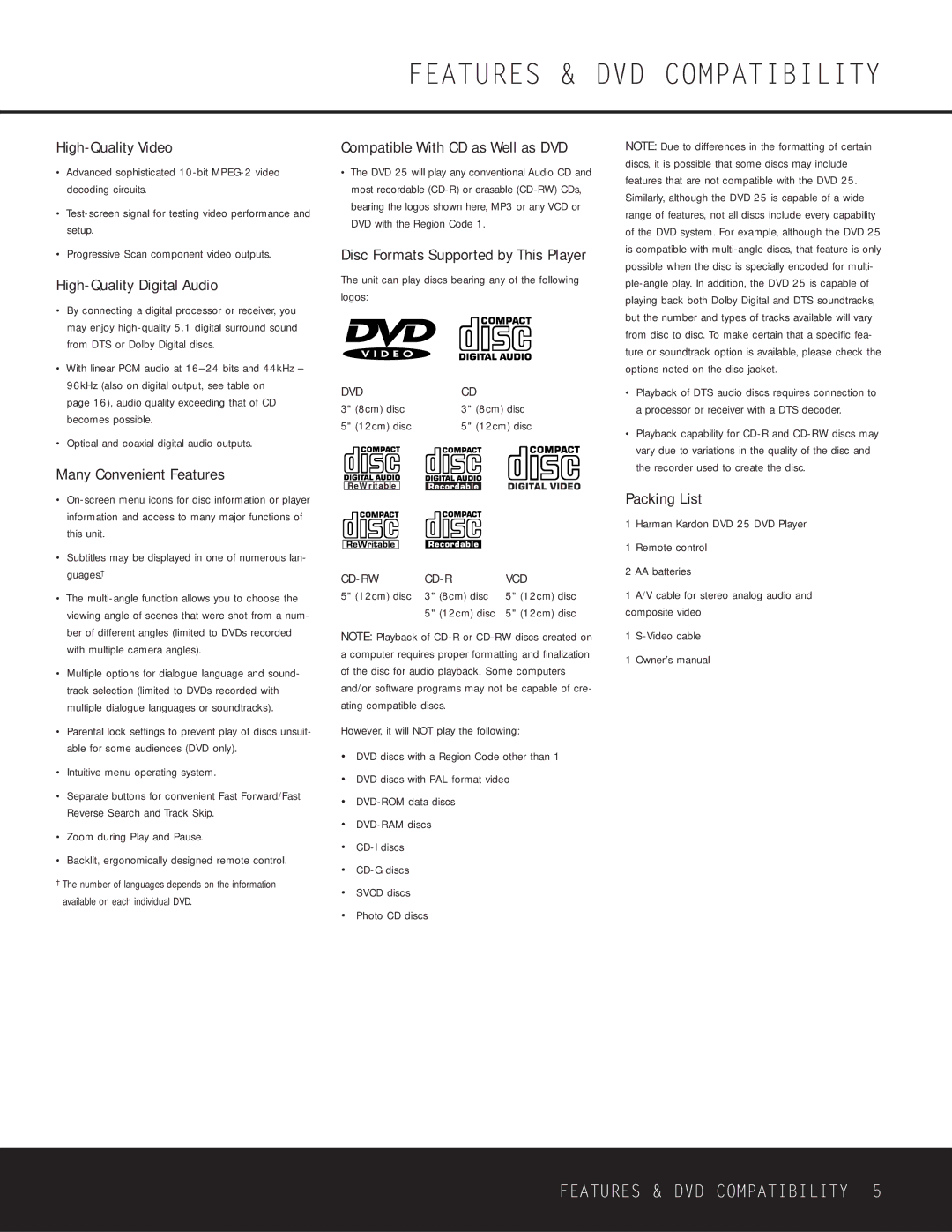 Harman-Kardon DVD 25 Features & DVD Compatibility, High-Quality Video, High-Quality Digital Audio, Packing List 
