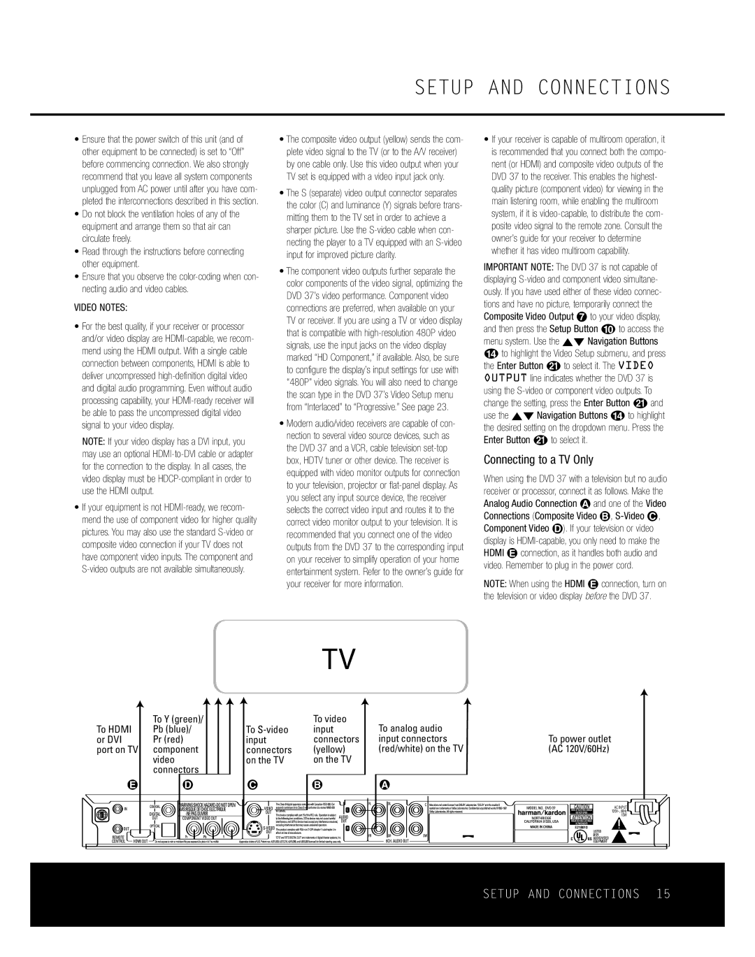 Harman-Kardon DVD 37 owner manual Setup and Connections, Connecting to a TV Only 