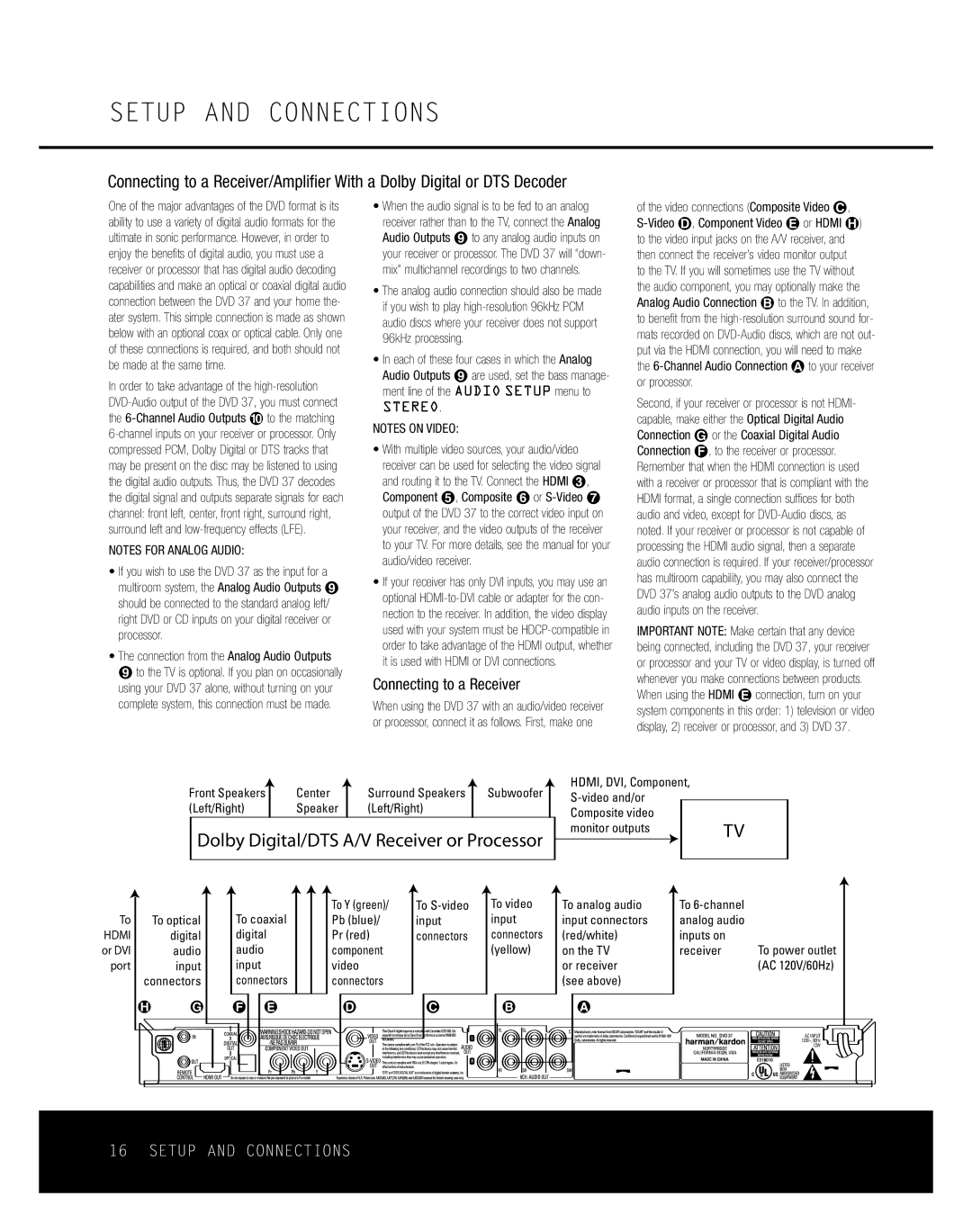 Harman-Kardon DVD 37 owner manual Connecting to a Receiver 