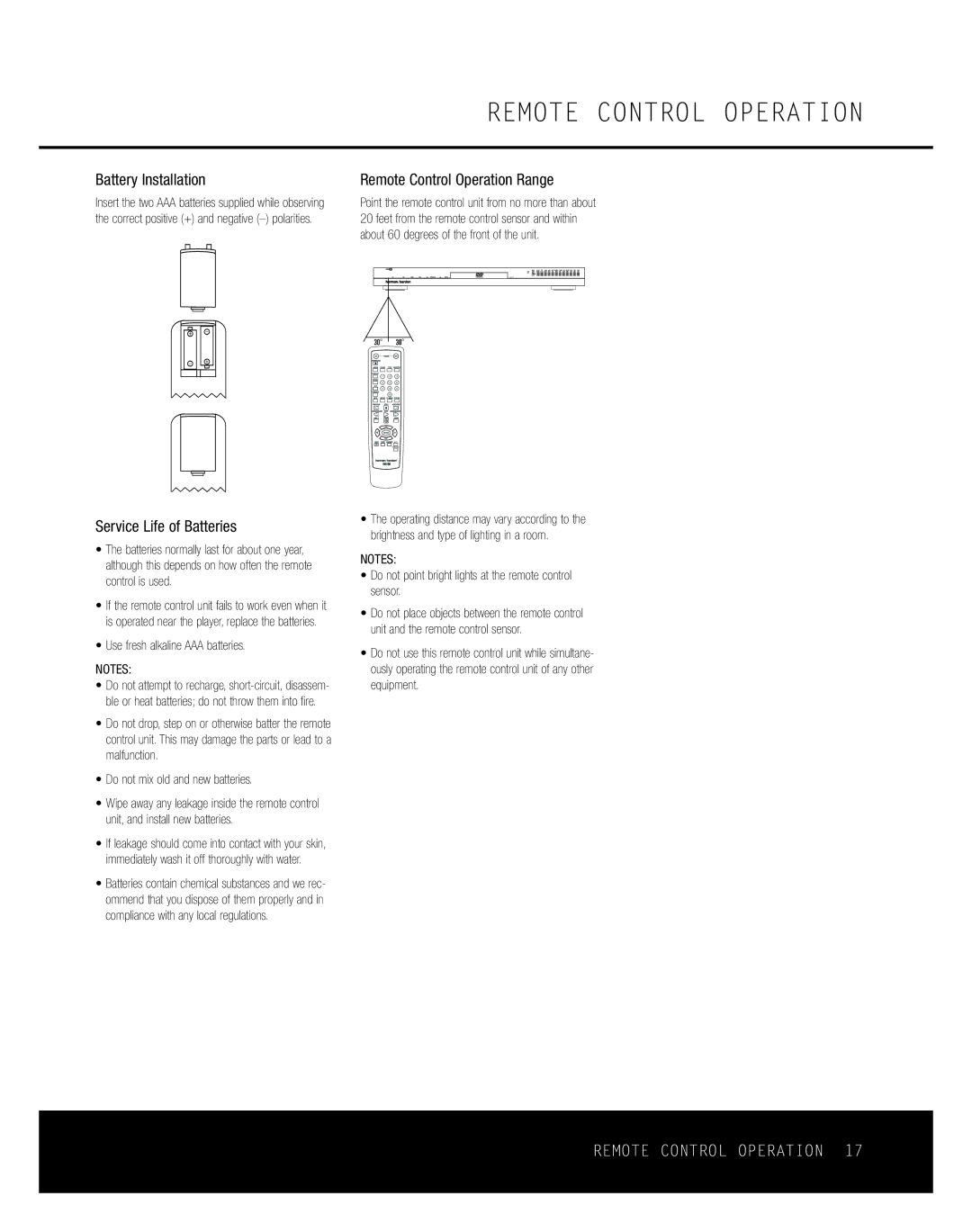 Harman-Kardon DVD 37 owner manual Battery Installation, Remote Control Operation Range, Service Life of Batteries 