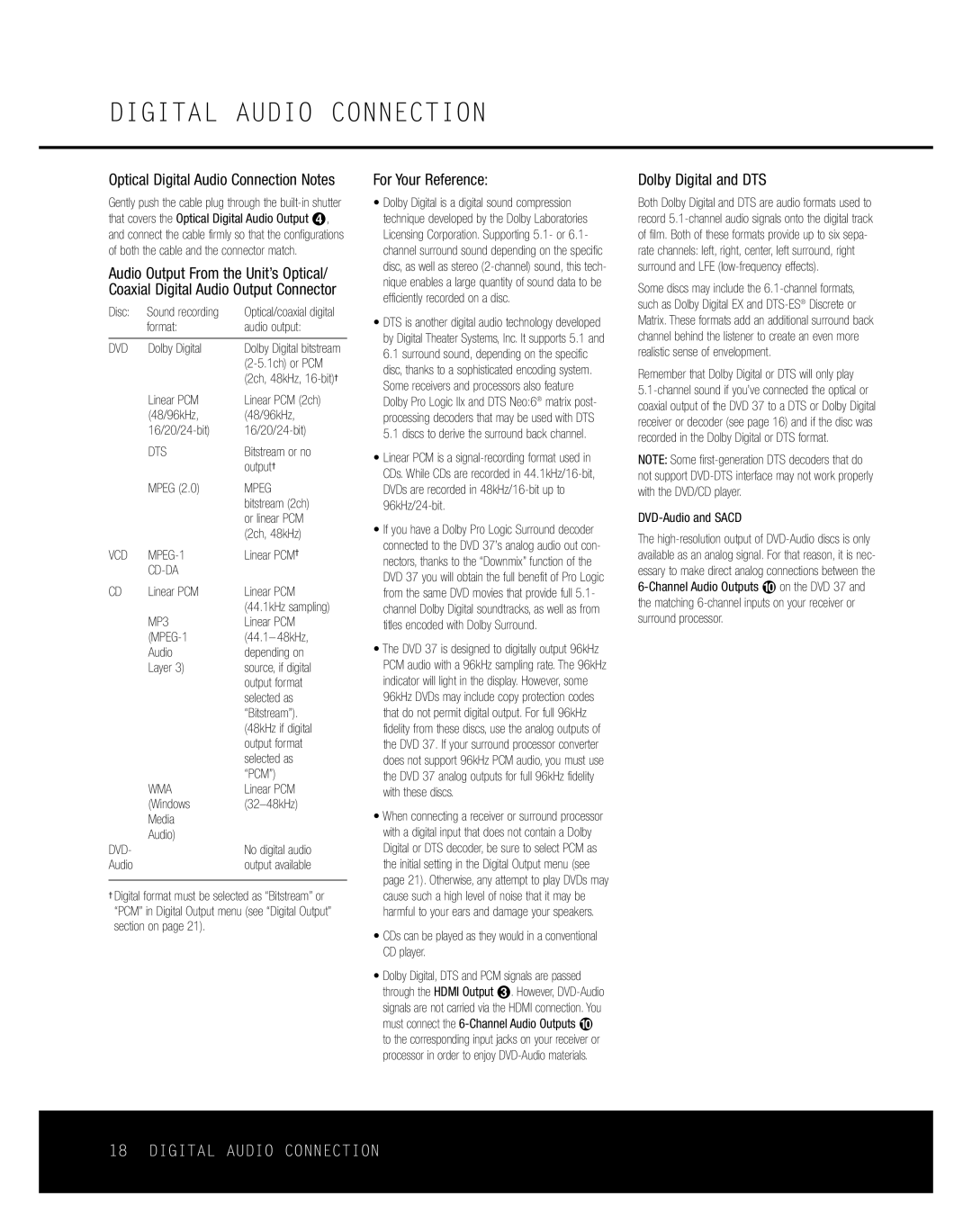 Harman-Kardon DVD 37 owner manual Digital Audio Connection, For Your Reference, Dolby Digital and DTS 