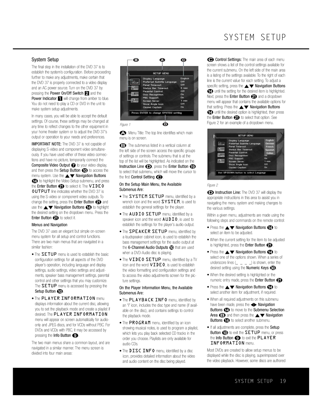 Harman-Kardon DVD 37 owner manual System Setup, On the Setup Main Menu, the Available Submenus Are 