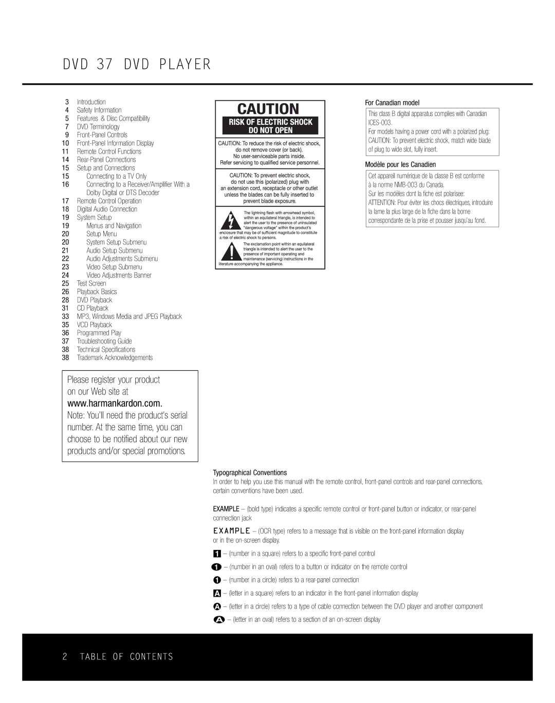 Harman-Kardon owner manual DVD 37 DVD Player, Table of Contents 