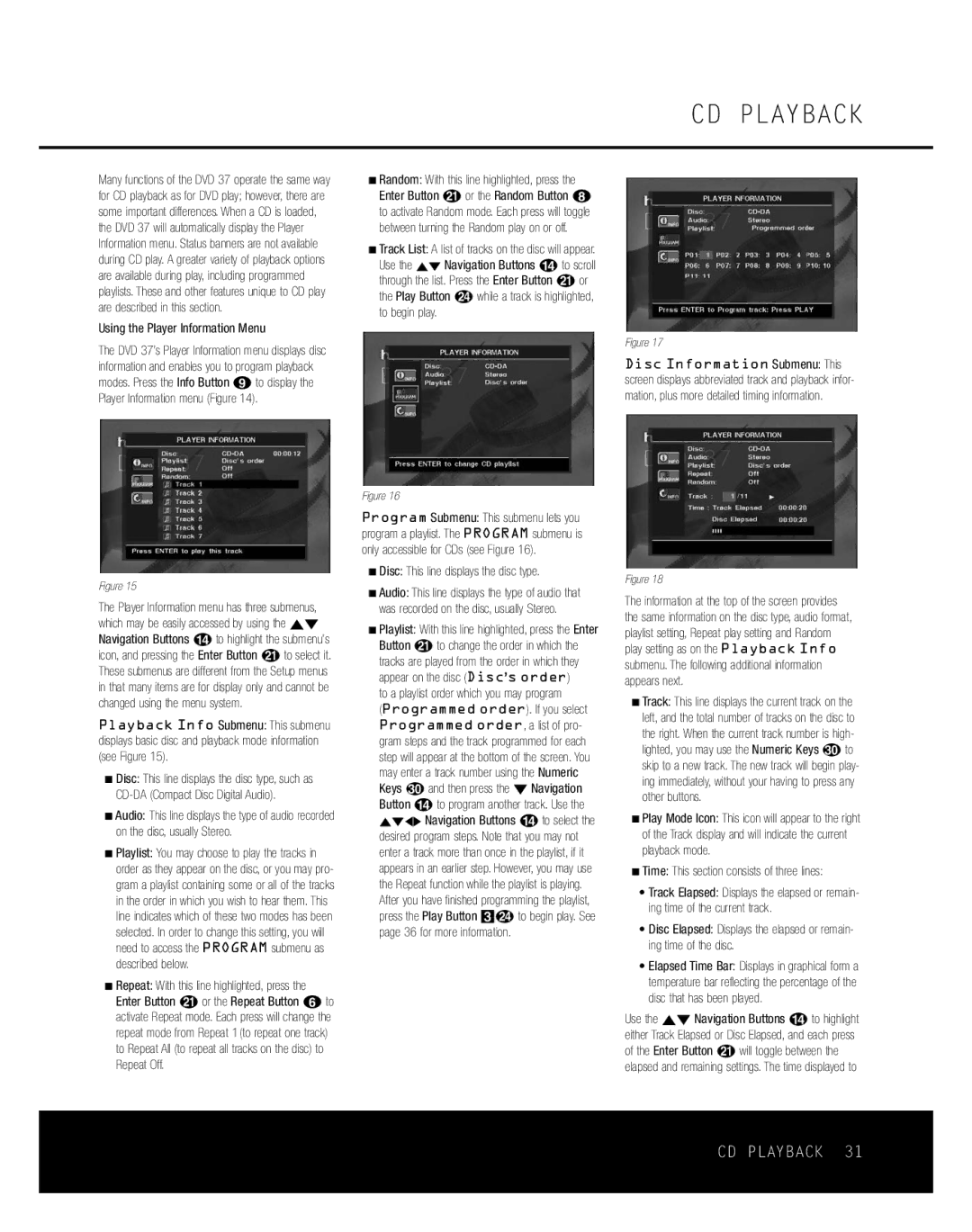 Harman-Kardon DVD 37 owner manual CD Playback, Using the Player Information Menu, To a playlist order which you may program 