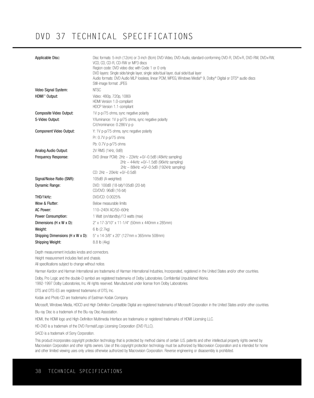 Harman-Kardon owner manual DVD 37 Technical Specifications 