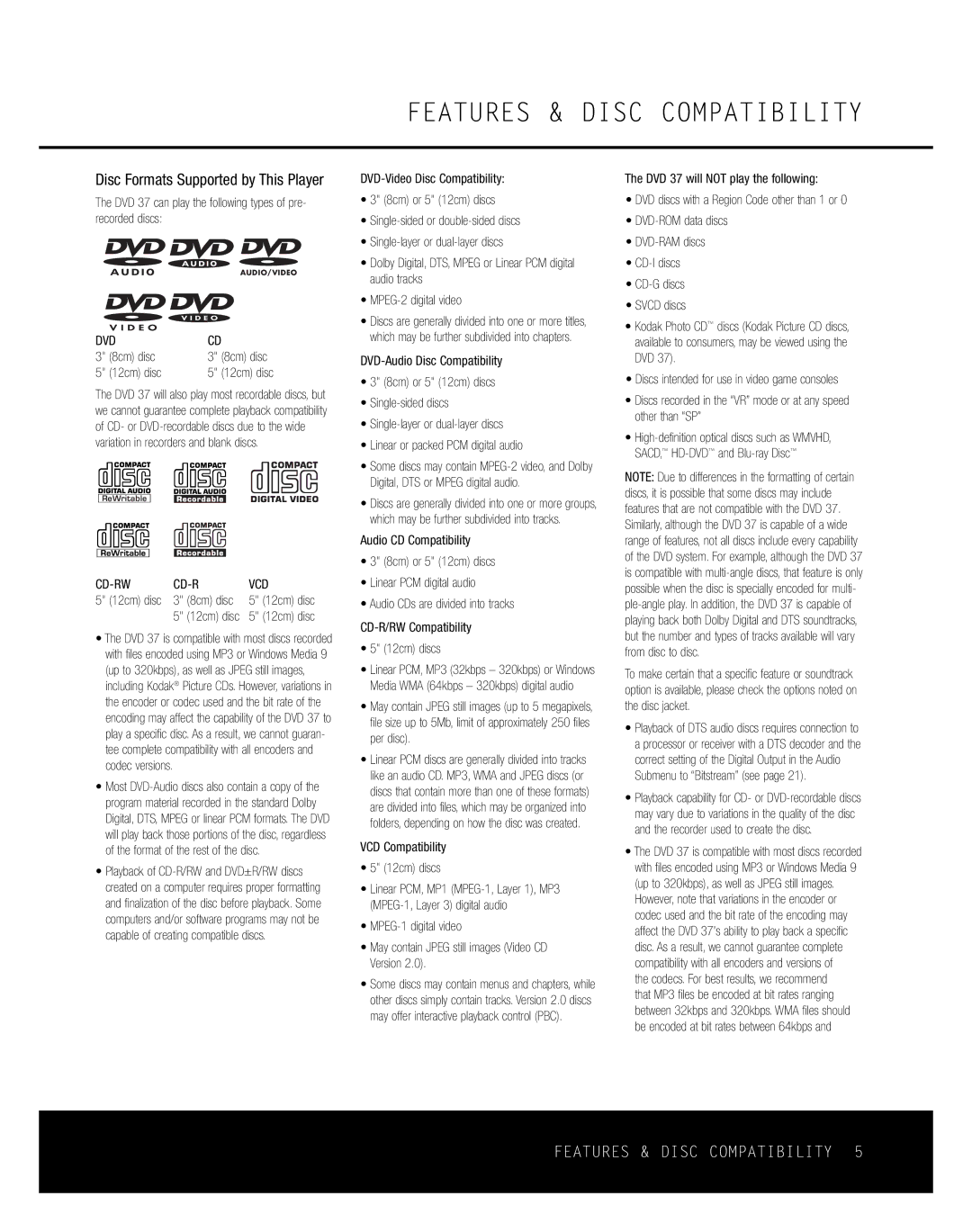 Harman-Kardon Features & Disc Compatibility, DVD 37 can play the following types of pre- recorded discs, 8cm disc 