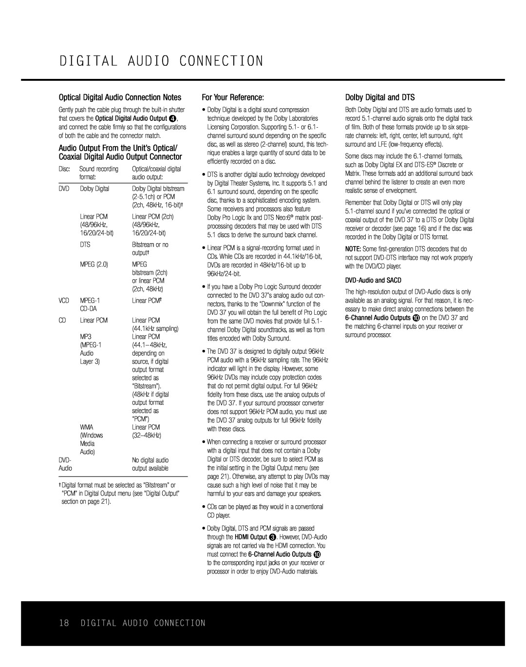 Harman-Kardon DVD 37 owner manual Digital Audio Connection, For Your Reference, Dolby Digital and DTS 