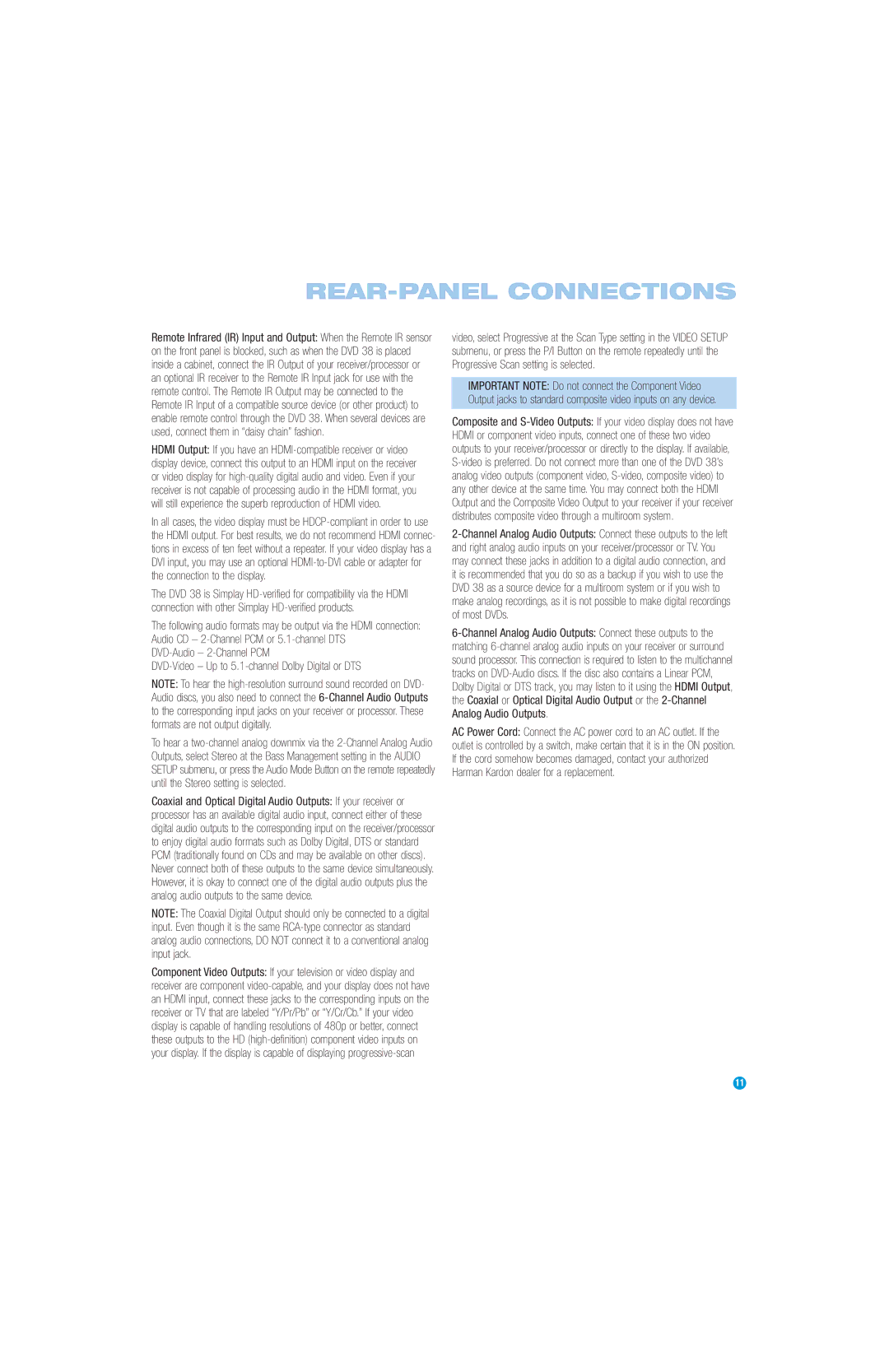 Harman-Kardon DVD 38 manual REAR-PANEL Connections 