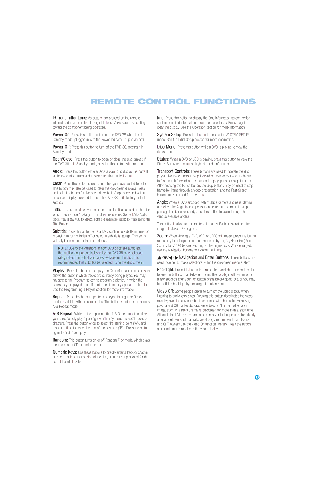 Harman-Kardon DVD 38 manual Remote Control Functions, Second time to reactivate the video displays 