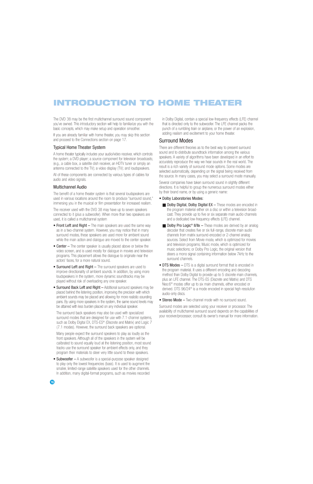 Harman-Kardon DVD 38 manual Introduction to Home Theater, Surround Modes, Typical Home Theater System, Multichannel Audio 