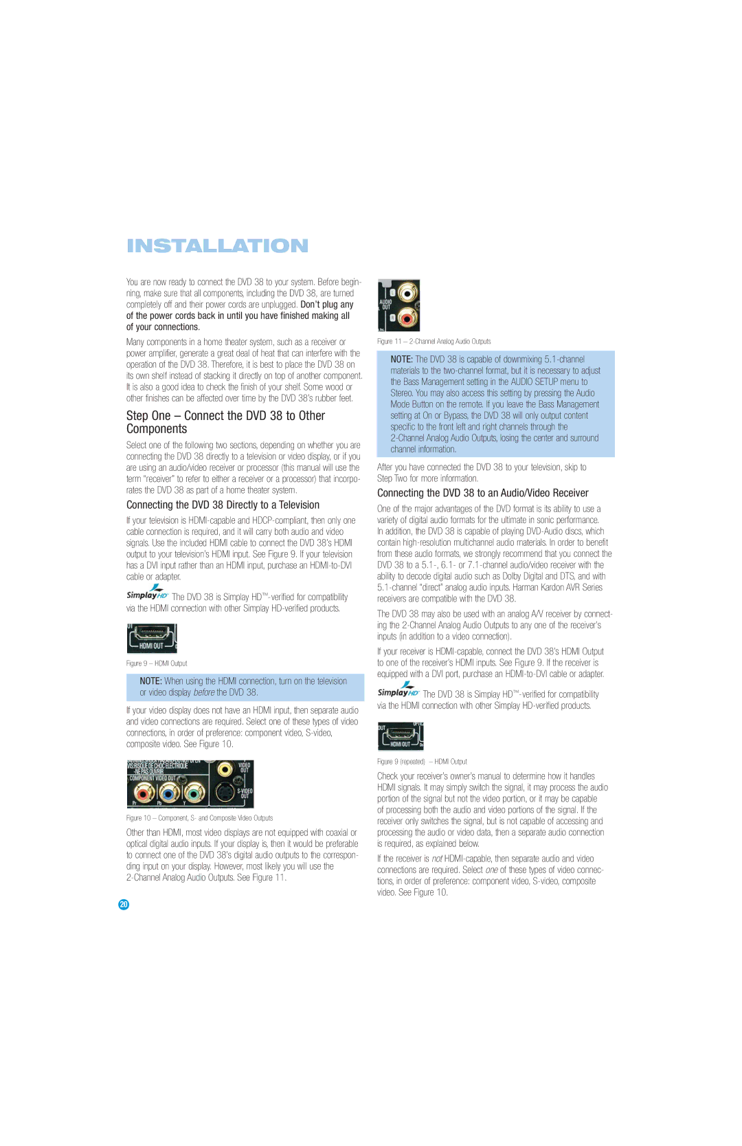 Harman-Kardon manual Installation, Step One Connect the DVD 38 to Other Components 