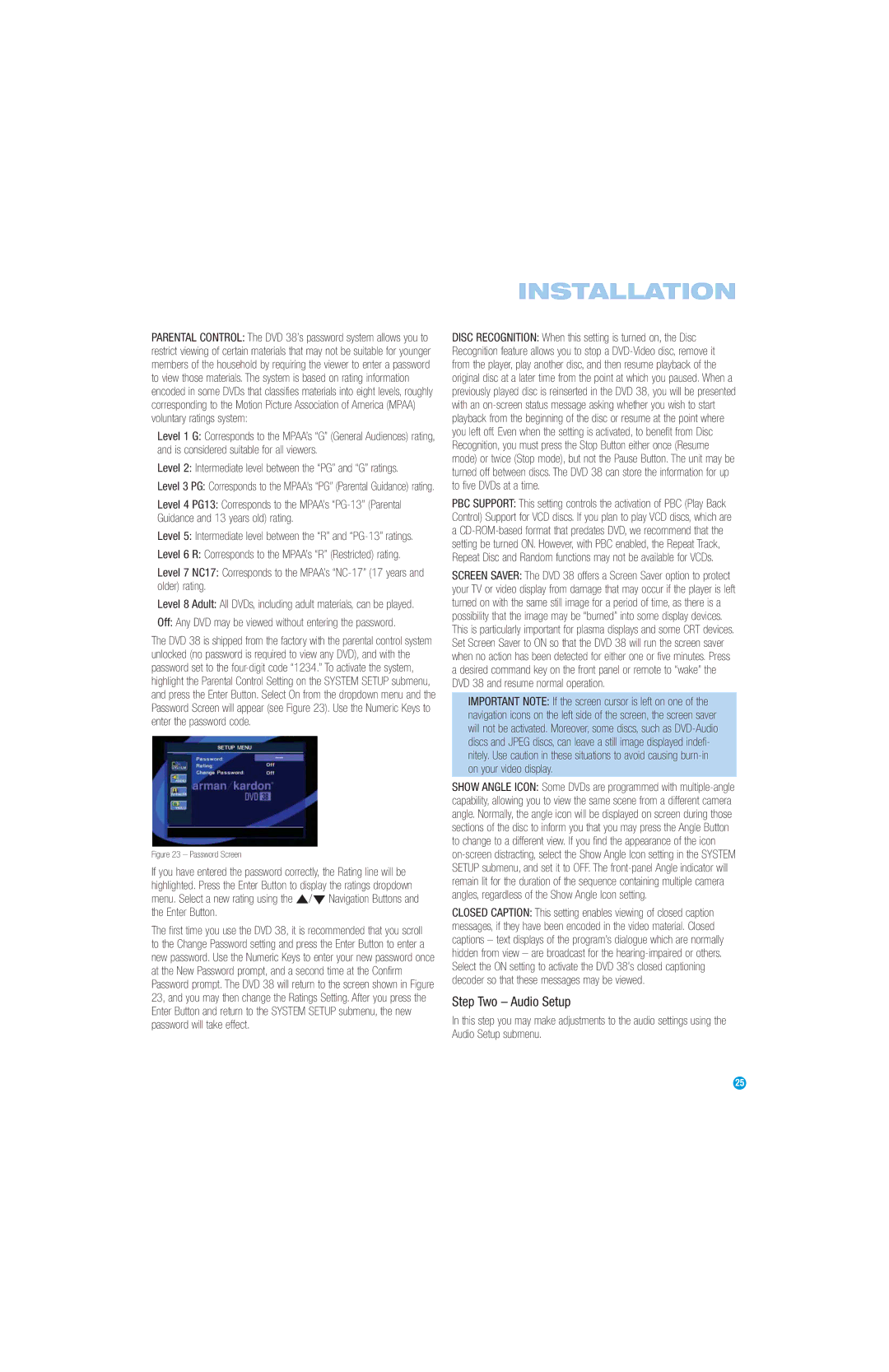 Harman-Kardon DVD 38 manual Step Two Audio Setup, Level 2 Intermediate level between the PG and G ratings 