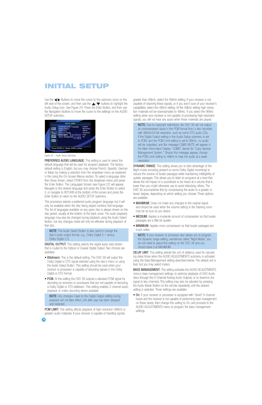 Harman-Kardon DVD 38 manual Initial Setup 