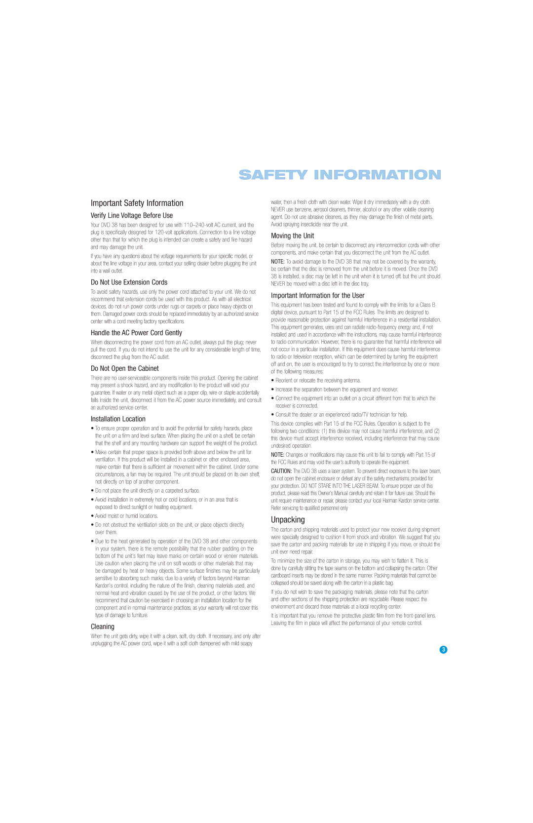 Harman-Kardon DVD 38 manual Important Safety Information, Do not place the unit directly on a carpeted surface 