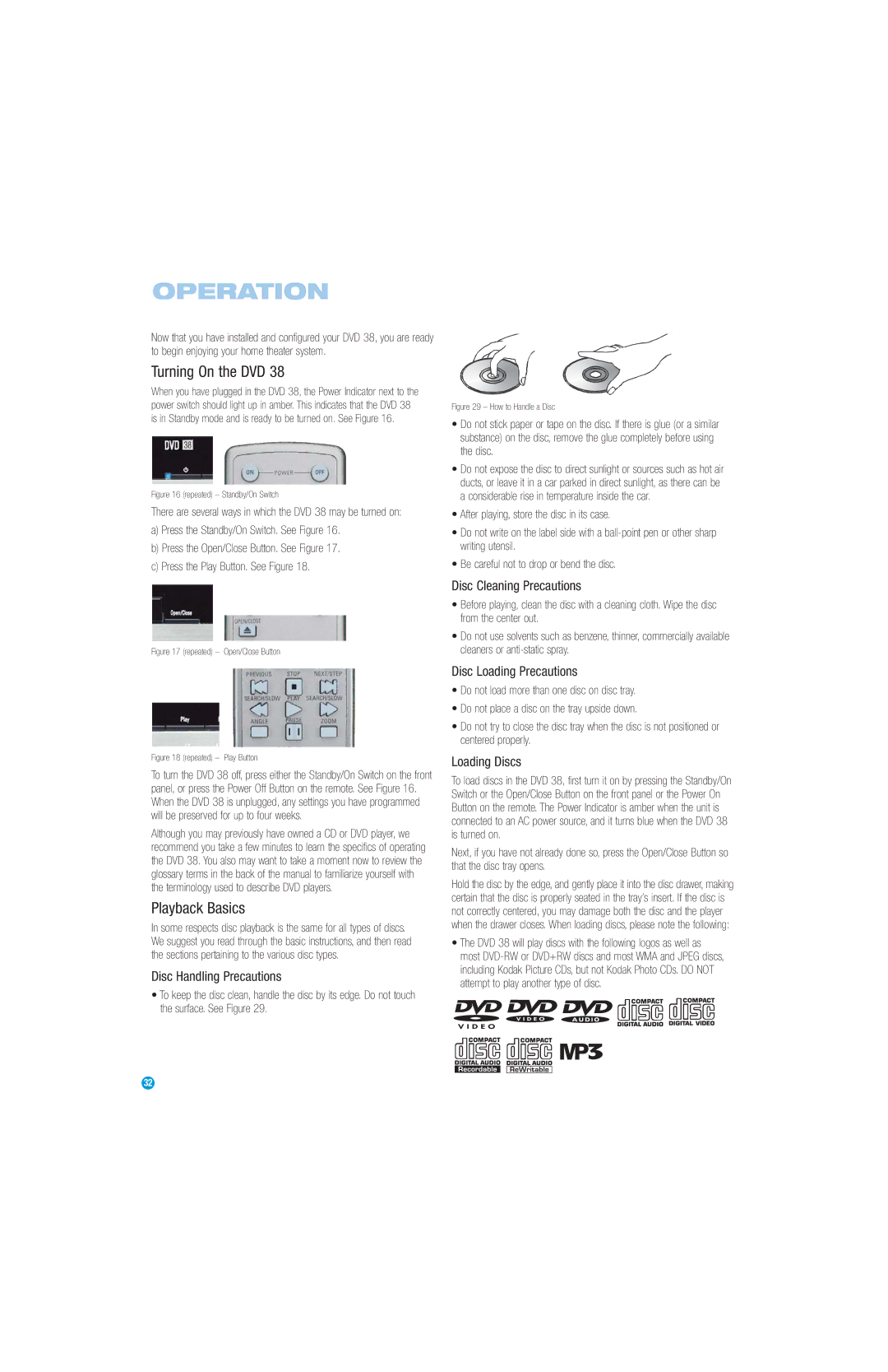 Harman-Kardon DVD 38 manual Operation, Turning On the DVD, Playback Basics 