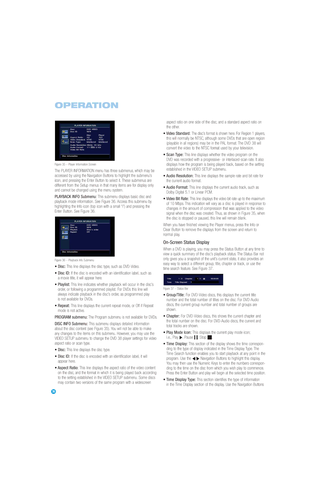 Harman-Kardon DVD 38 manual On-Screen Status Display, Playback Info Submenu 