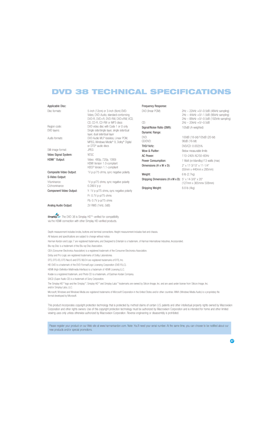 Harman-Kardon manual DVD 38 Technical Specifications 