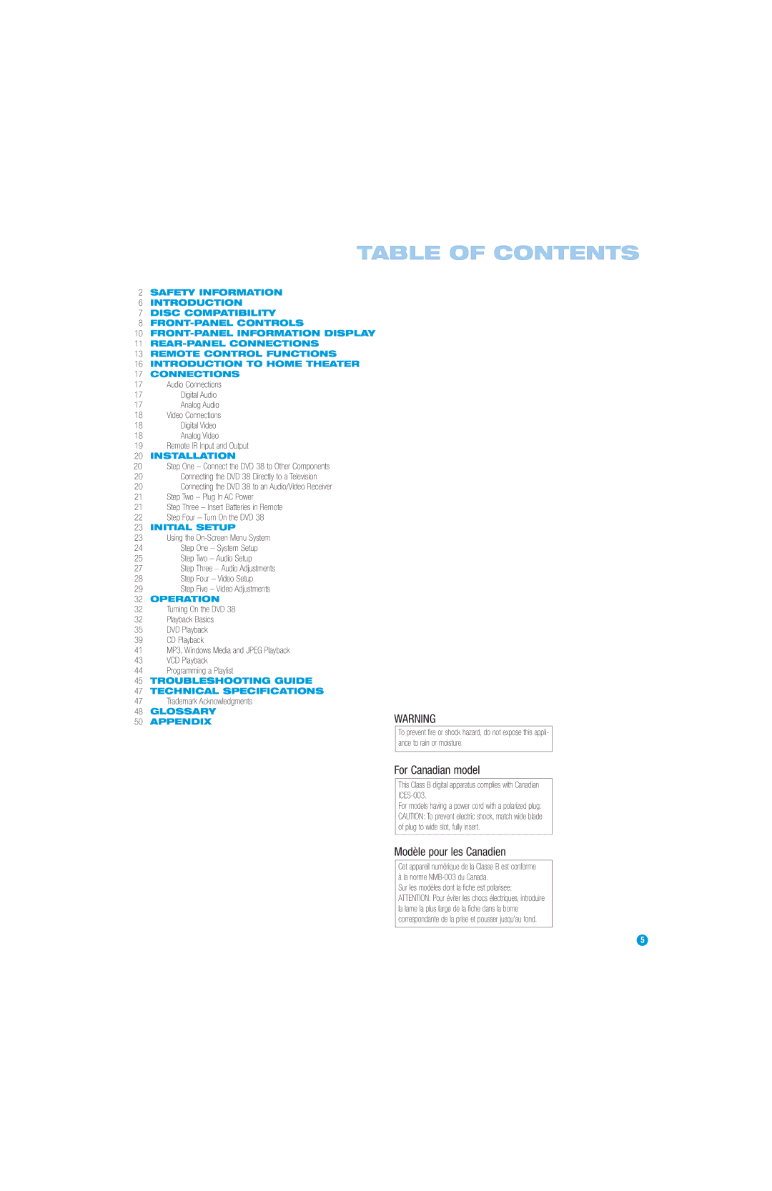 Harman-Kardon DVD 38 manual Table of Contents 