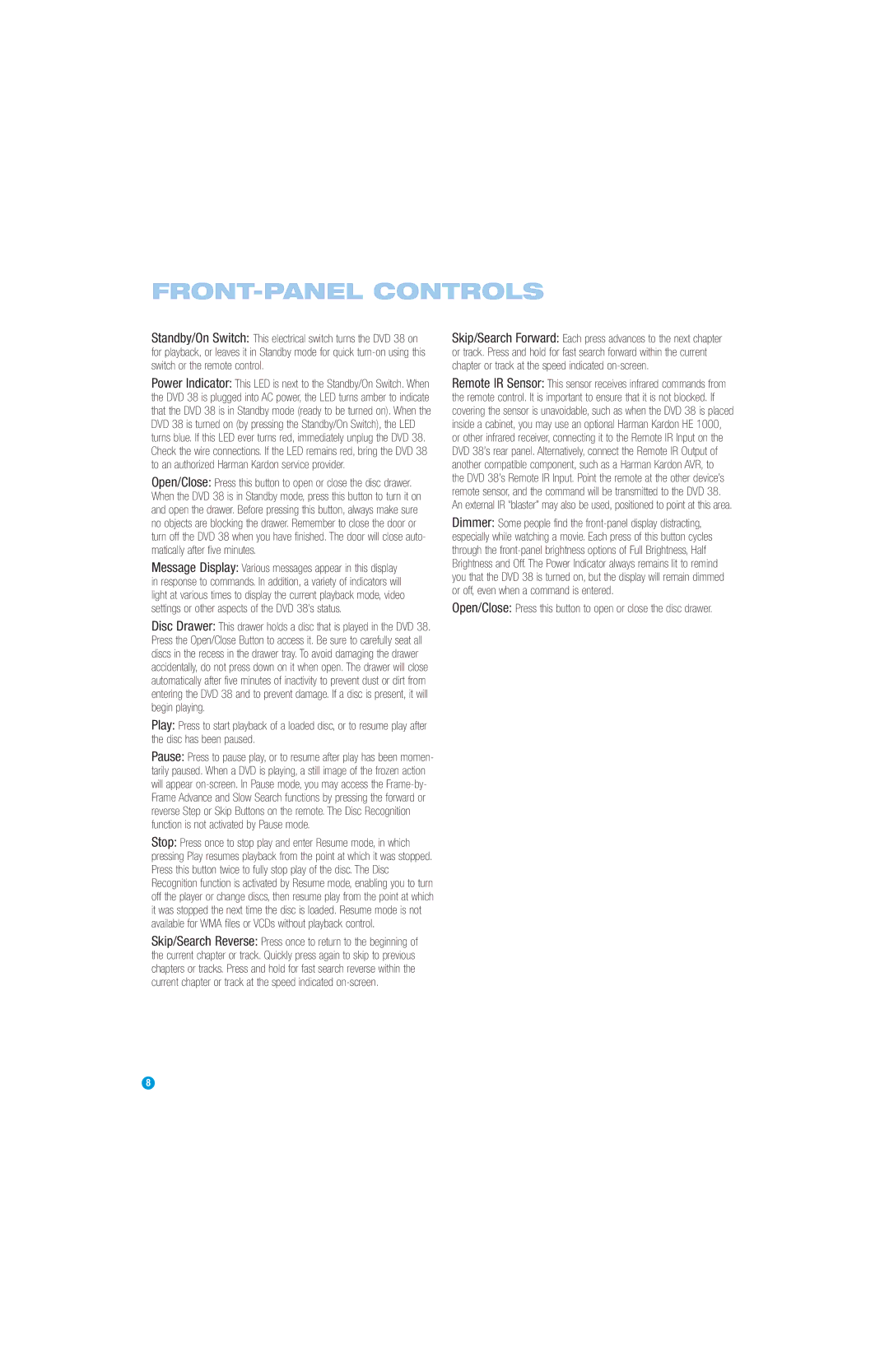 Harman-Kardon DVD 38 manual FRONT-PANEL Controls 