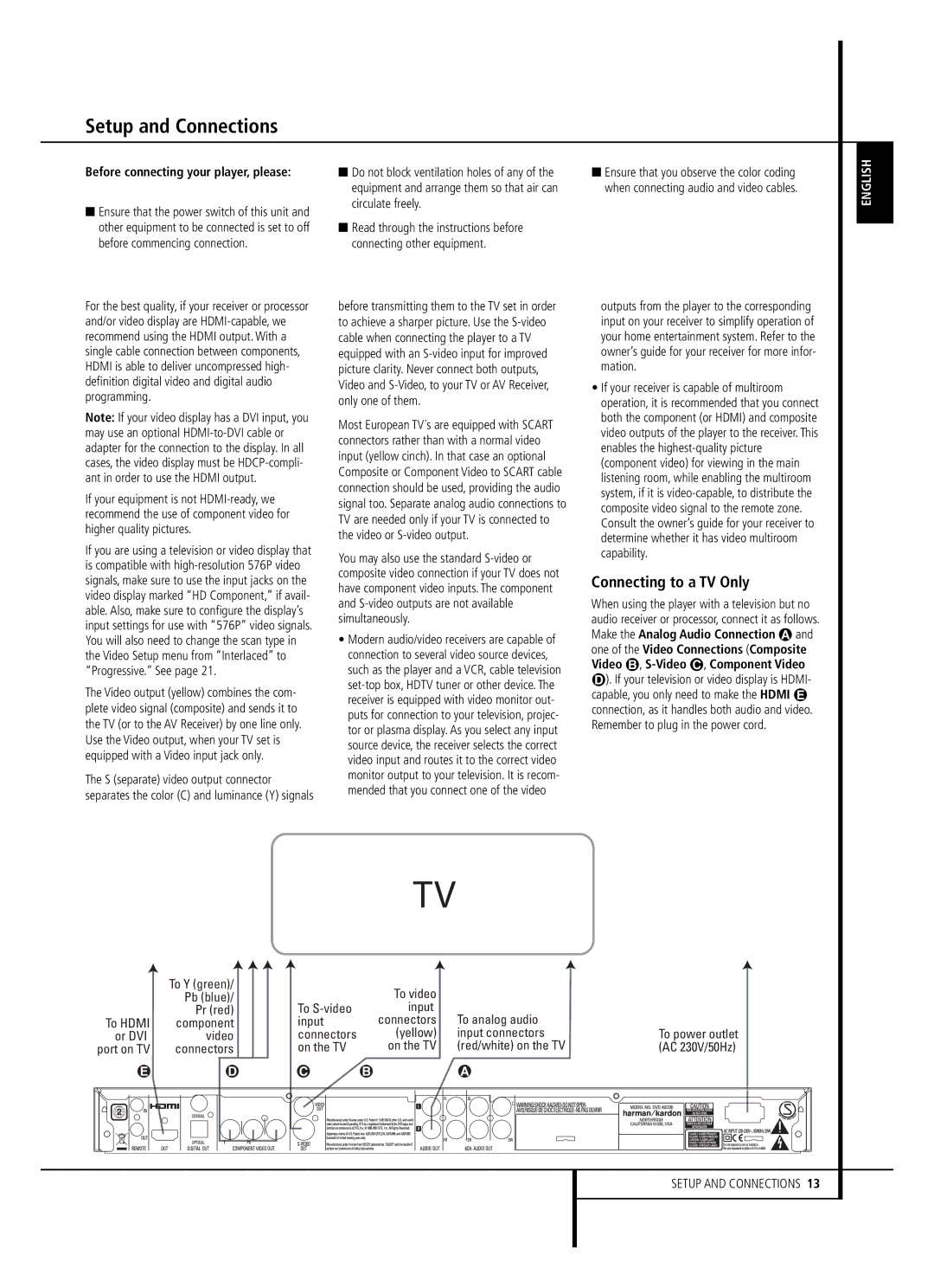 Harman-Kardon DVD 39, DVD 49 owner manual Setup and Connections, Connecting to a TV Only 