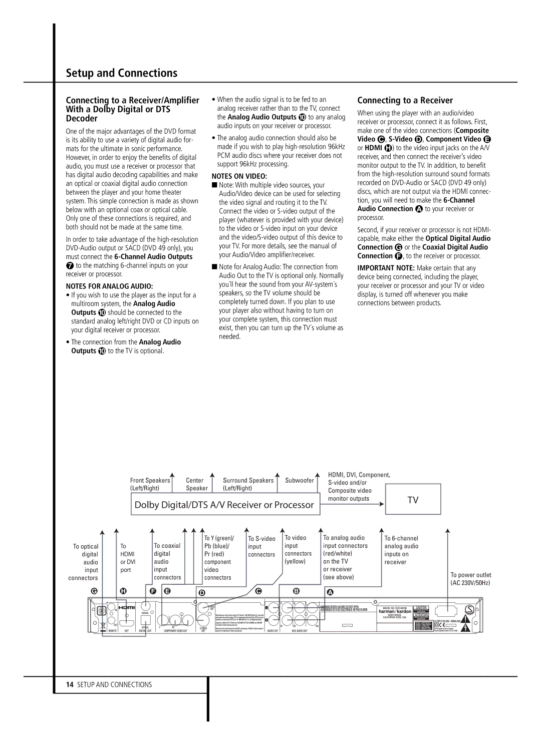 Harman-Kardon DVD 49, DVD 39 owner manual Connecting to a Receiver, Dolby Digital/DTS A/V Receiver or Processor 