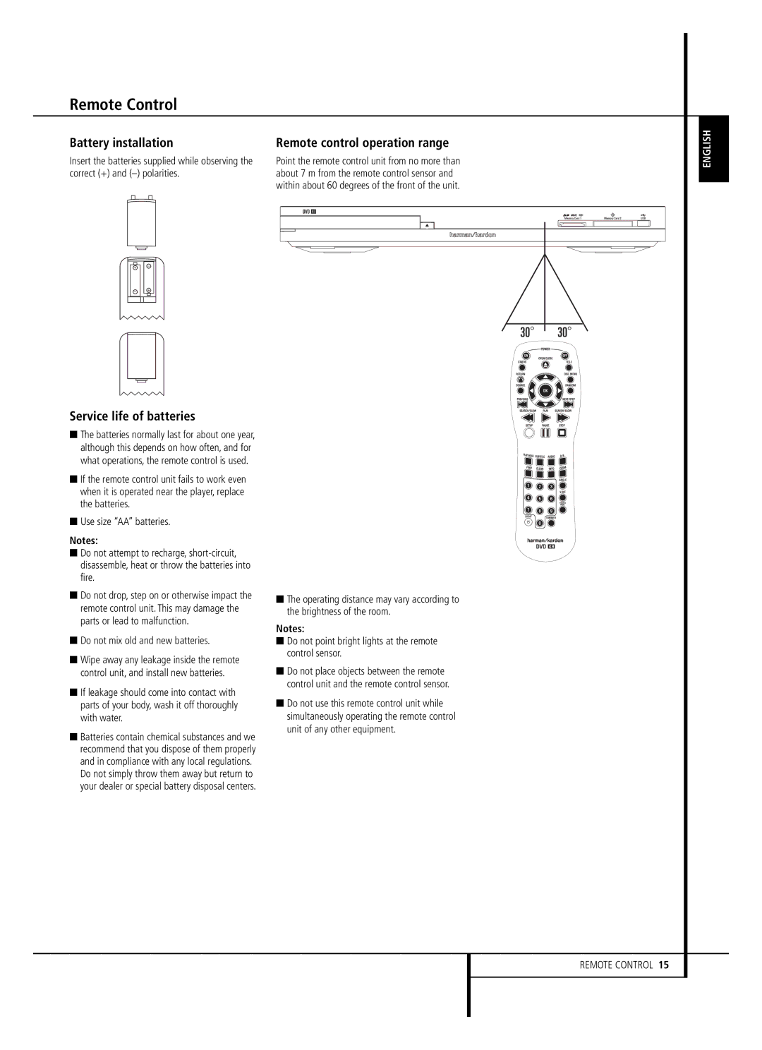 Harman-Kardon DVD 39 Remote Control, Battery installation, Service life of batteries, Remote control operation range 