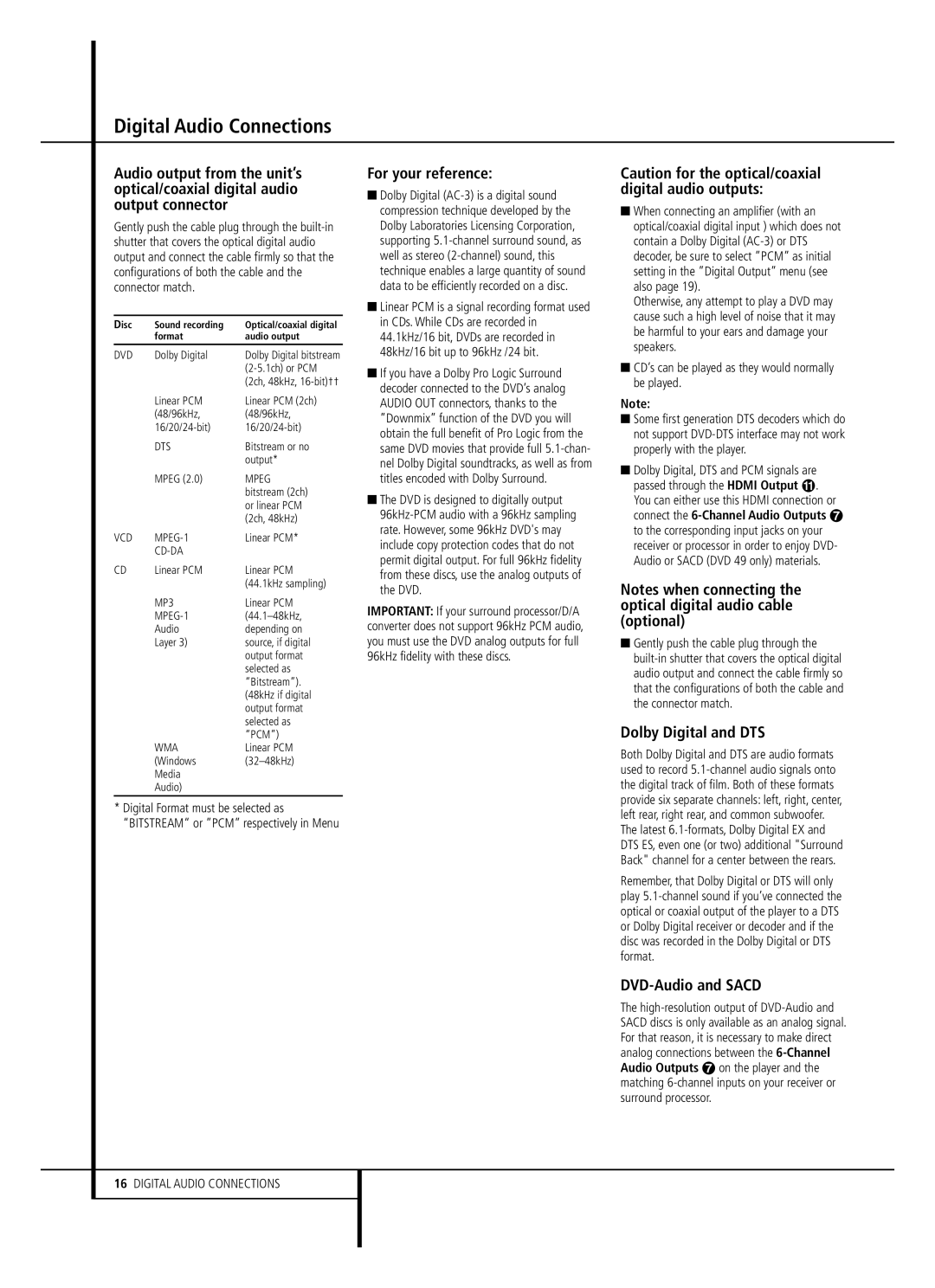 Harman-Kardon DVD 49, DVD 39 owner manual For your reference, Dolby Digital and DTS, DVD-Audio and Sacd 