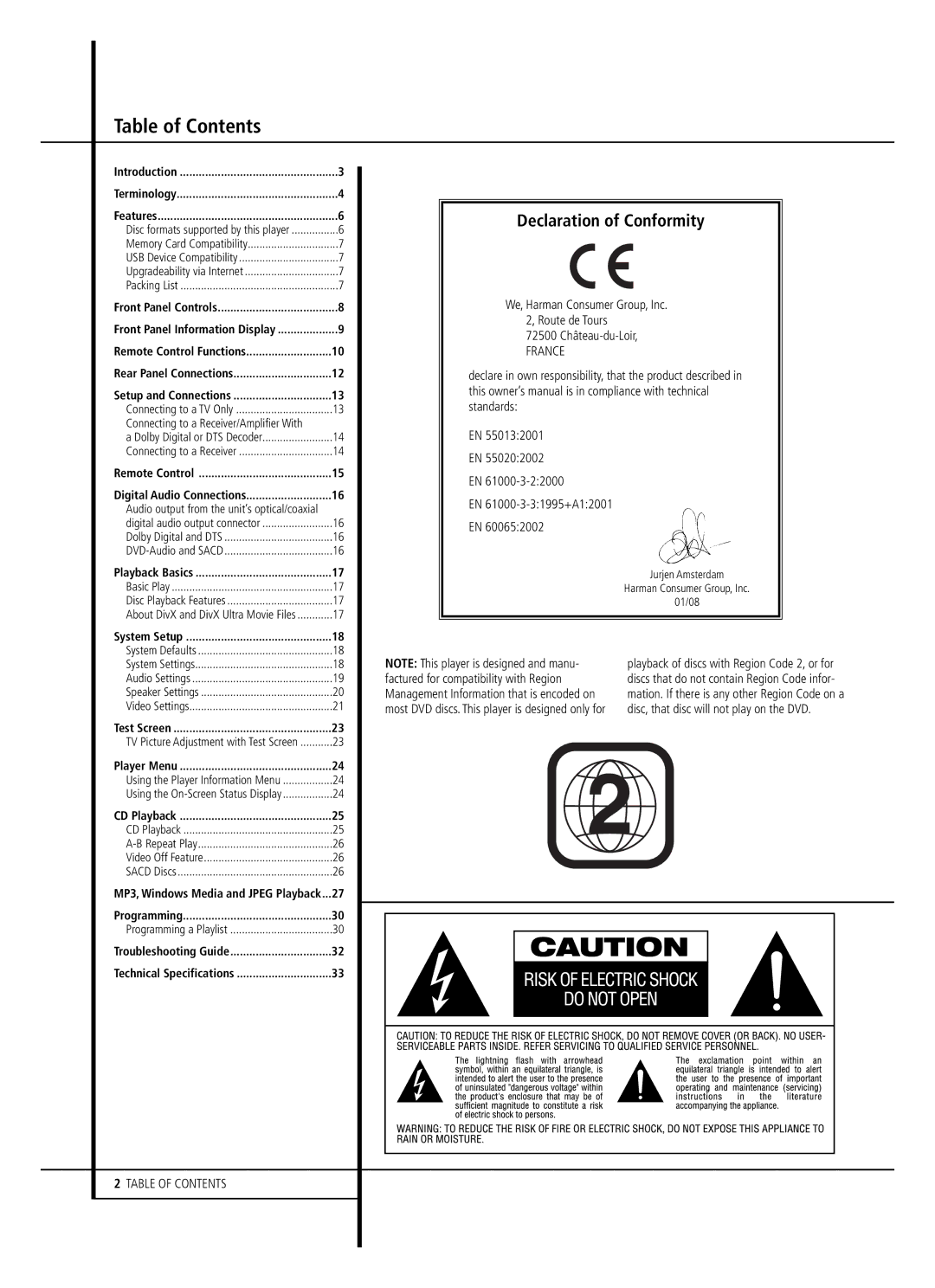 Harman-Kardon DVD 49, DVD 39 owner manual Table of Contents 