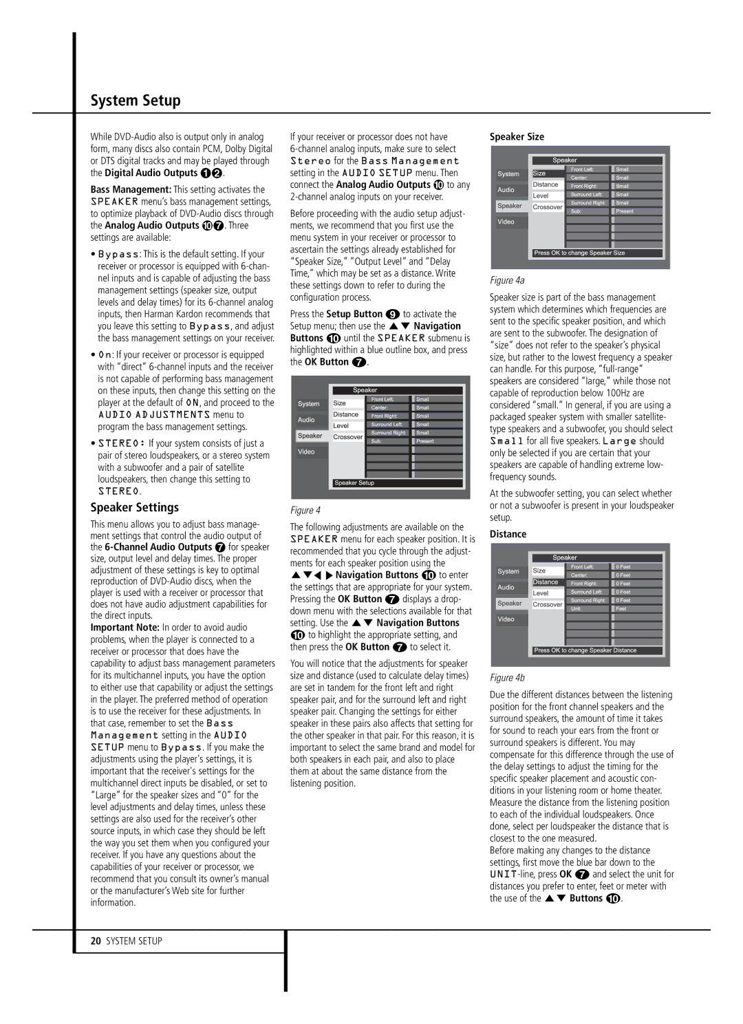 Harman-Kardon DVD 49, DVD 39 Speaker Settings, If your receiver or processor does not have, Speaker Size, Distance 