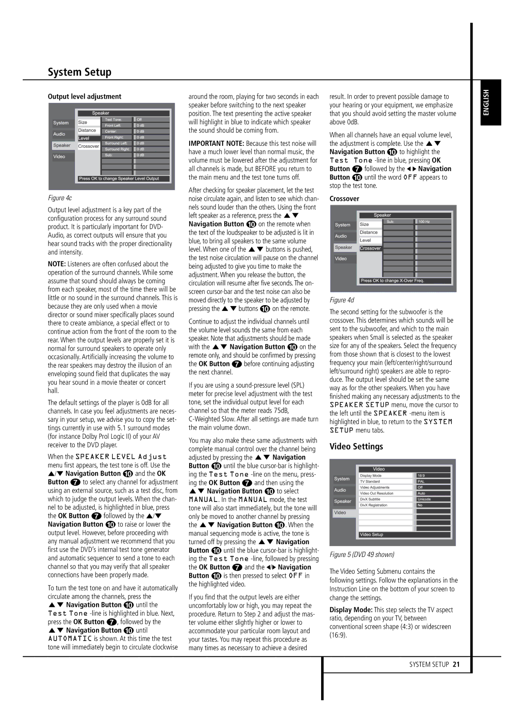 Harman-Kardon DVD 39, DVD 49 owner manual Video Settings, Output level adjustment, Crossover 