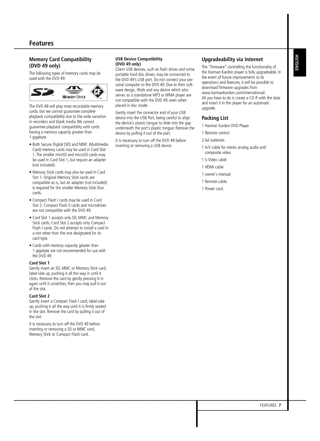 Harman-Kardon DVD 39, DVD 49 owner manual Upgradeability via Internet, Packing List, Gigabyte, Card Slot 