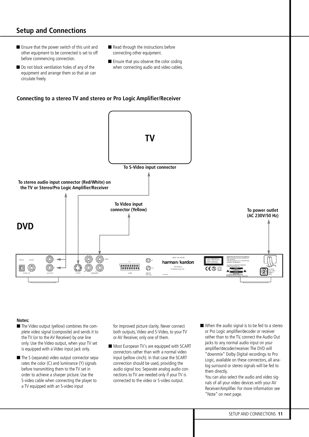 Harman-Kardon DVD 506 owner manual Setup and Connections, To S-Video input connector, To Video input Connector Yellow 