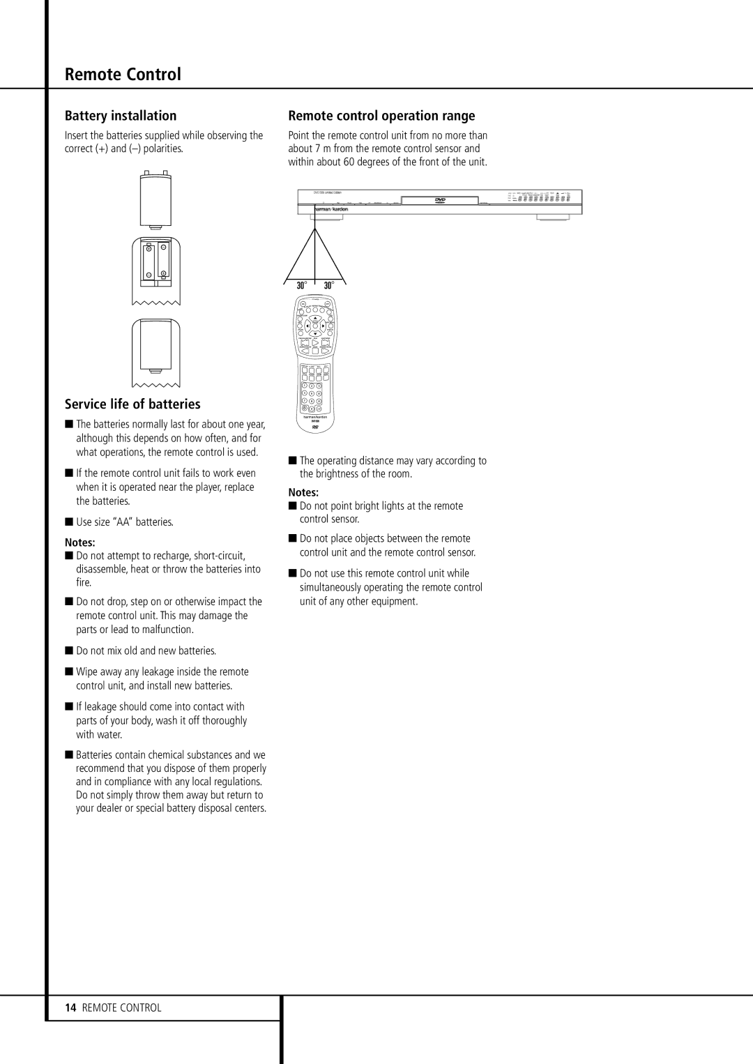 Harman-Kardon DVD 506 Remote Control, Battery installation, Service life of batteries, Remote control operation range 