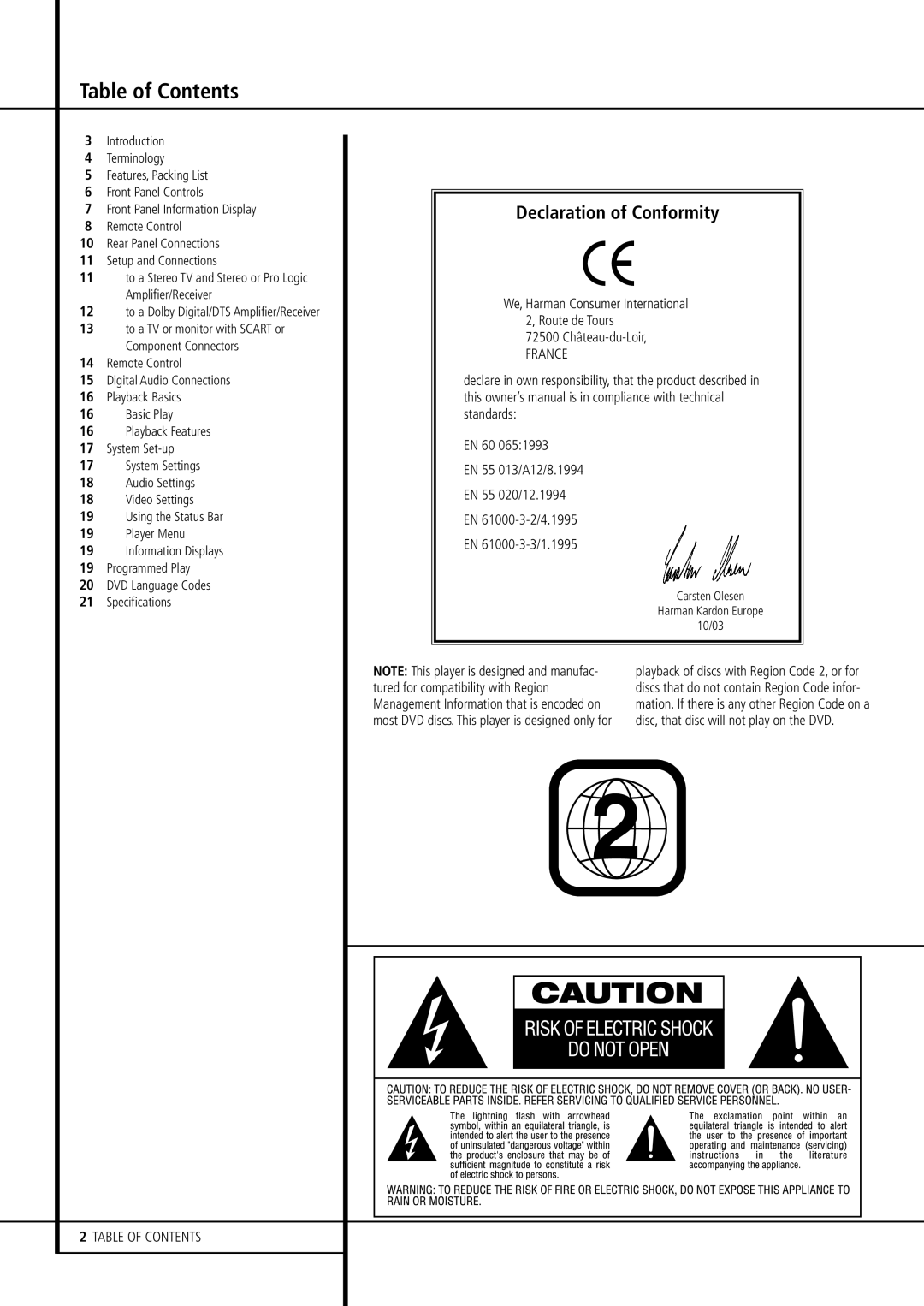 Harman-Kardon DVD 506 owner manual Table of Contents 