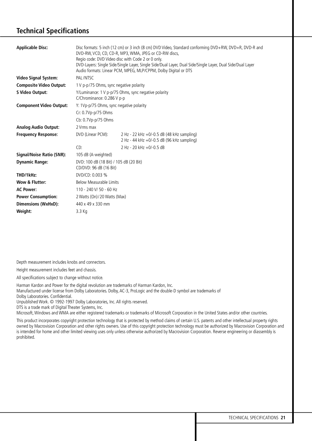 Harman-Kardon DVD 506 owner manual Technical Specifications 