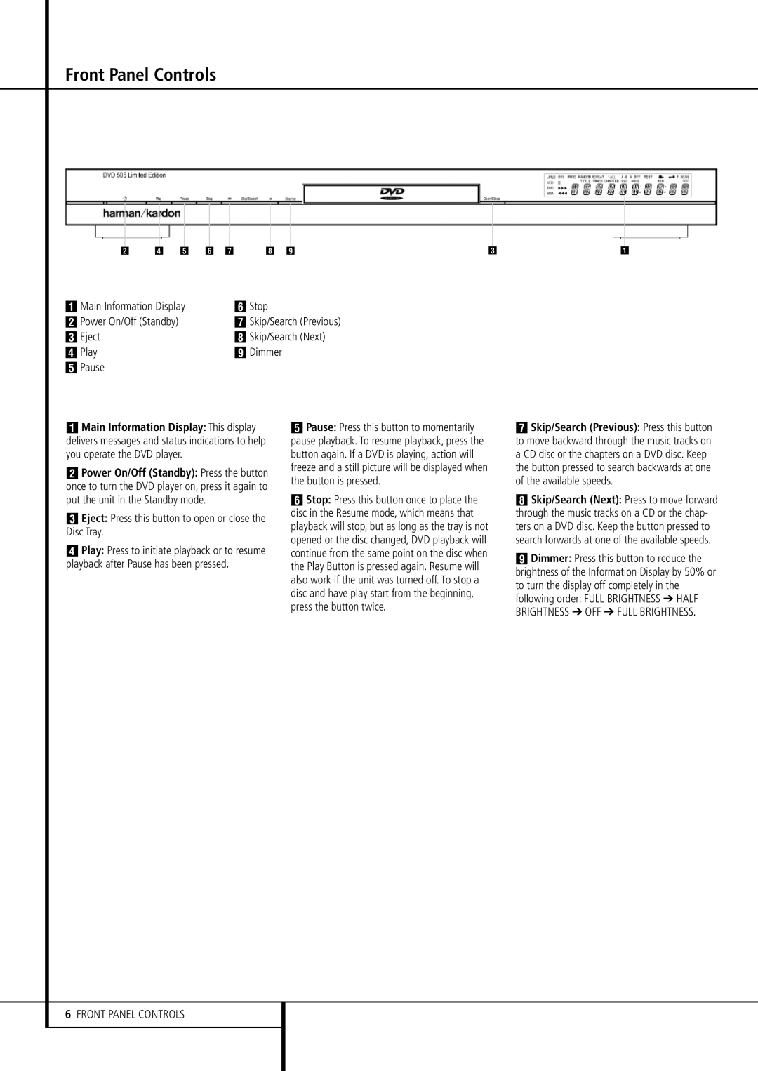 Harman-Kardon DVD 506 owner manual Front Panel Controls, Main Information Display Stop Power On/Off Standby 