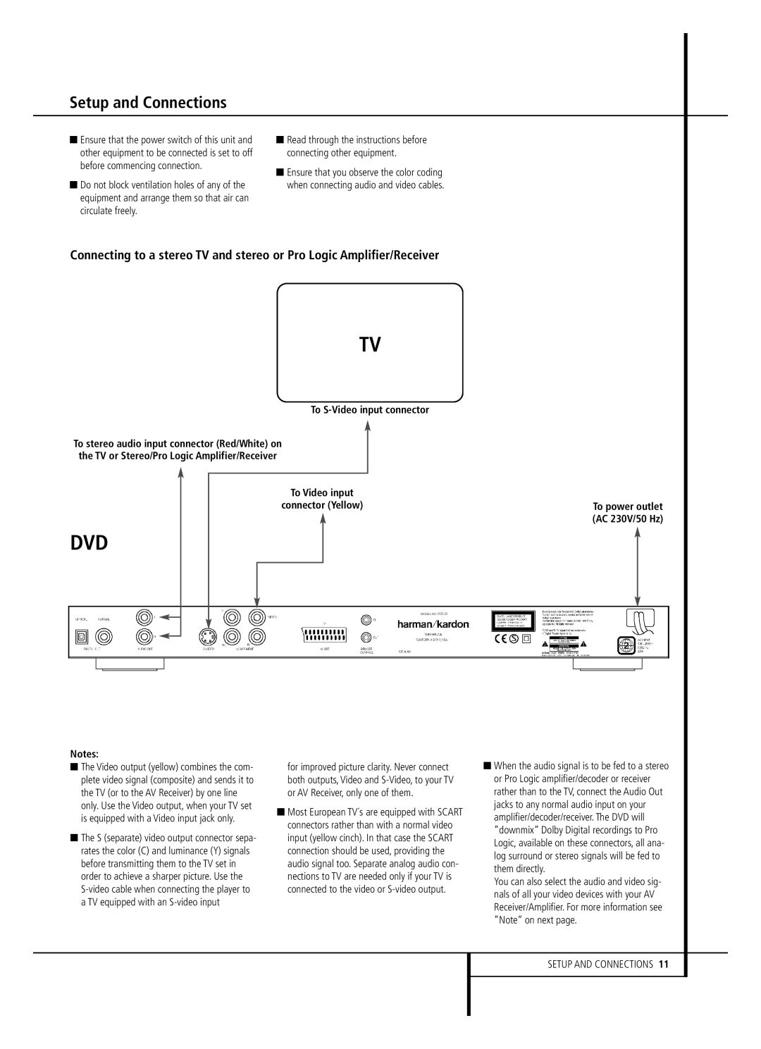 Harman-Kardon DVD22B owner manual Setup and Connections, To S-Video input connector, To Video input Connector Yellow 