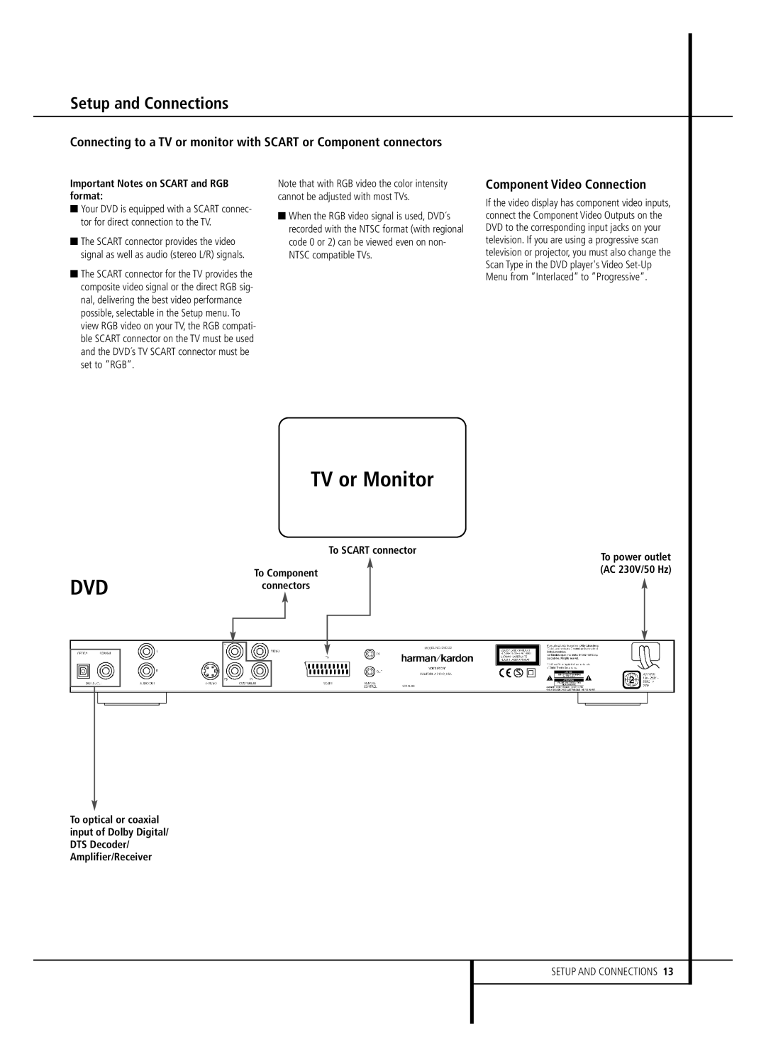 Harman-Kardon DVD22B owner manual Component Video Connection, Important Notes on Scart and RGB format 